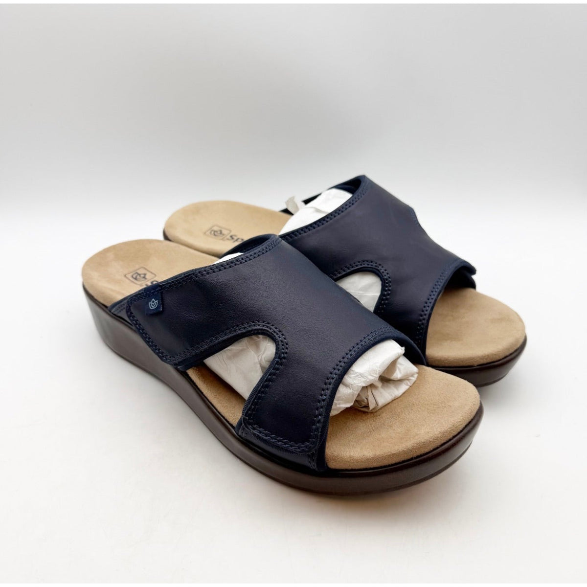 Spenco Women's Karla Wedge Sandals Size 10 Wide Blue Peacoat Navy Brown NIB