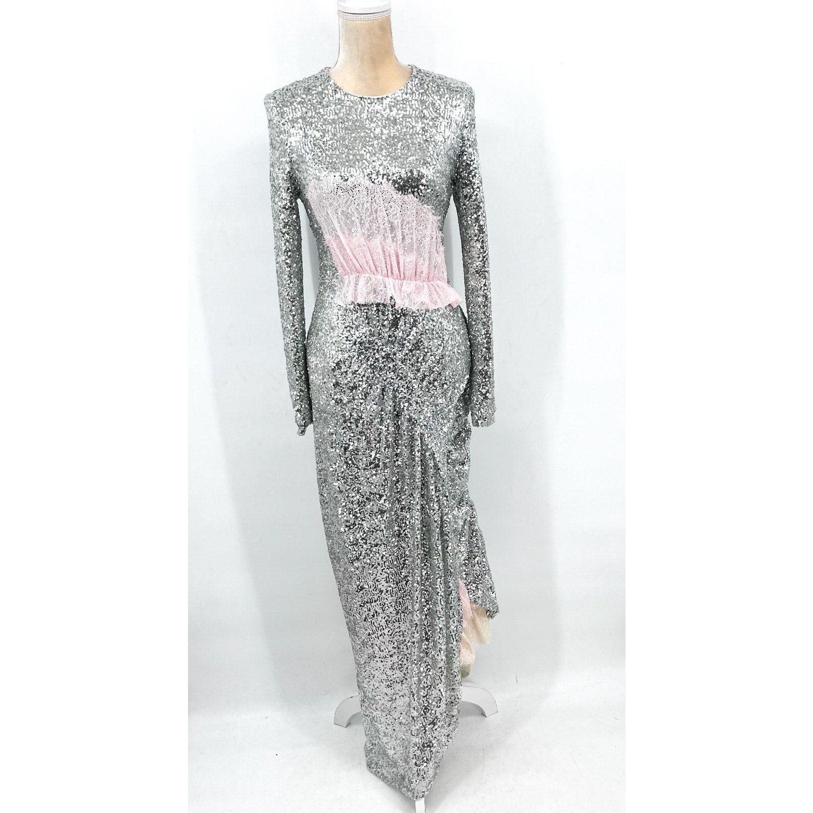 PREEN BY THORNTON BREGAZZI Welda Sequin Dress Medium Silver Long Sleeve NWOT