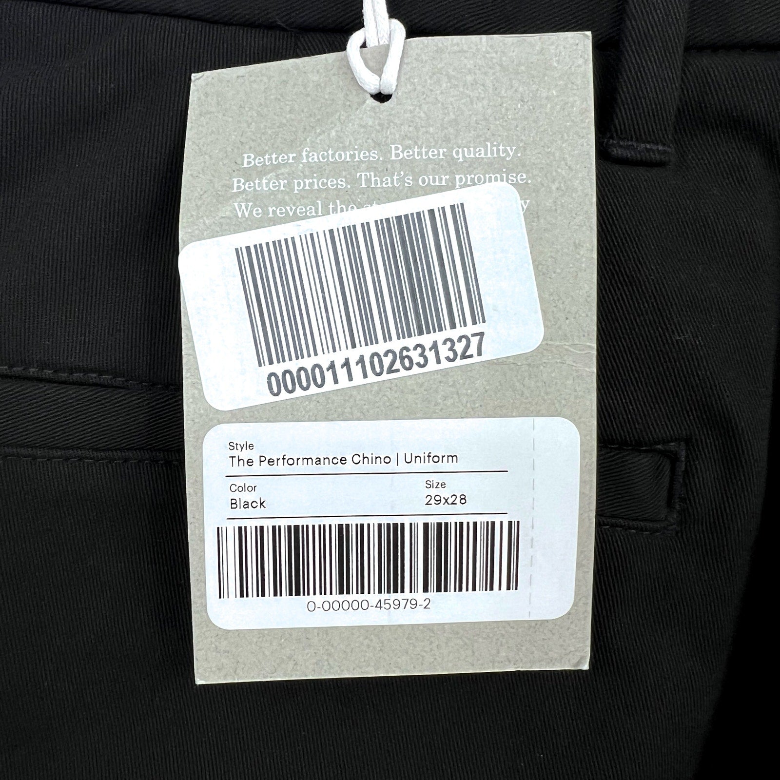 EVERLANE Uniform Mens Performance Chino Pants 29x28 Black Athletic Fit NWT