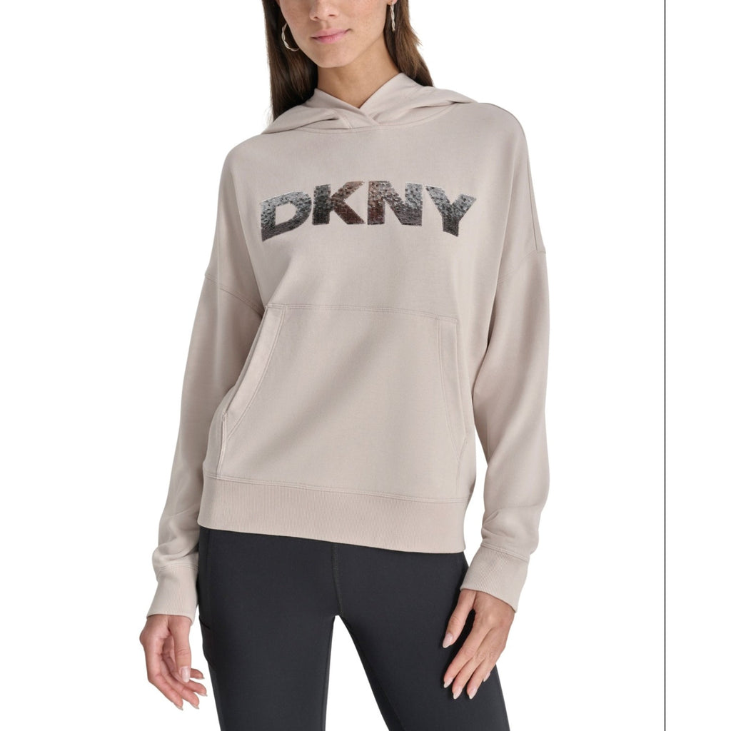 DKNY Women's Sequin Fleece Hoodie Large Taupe Tan Pullover Sweatshirt NWT