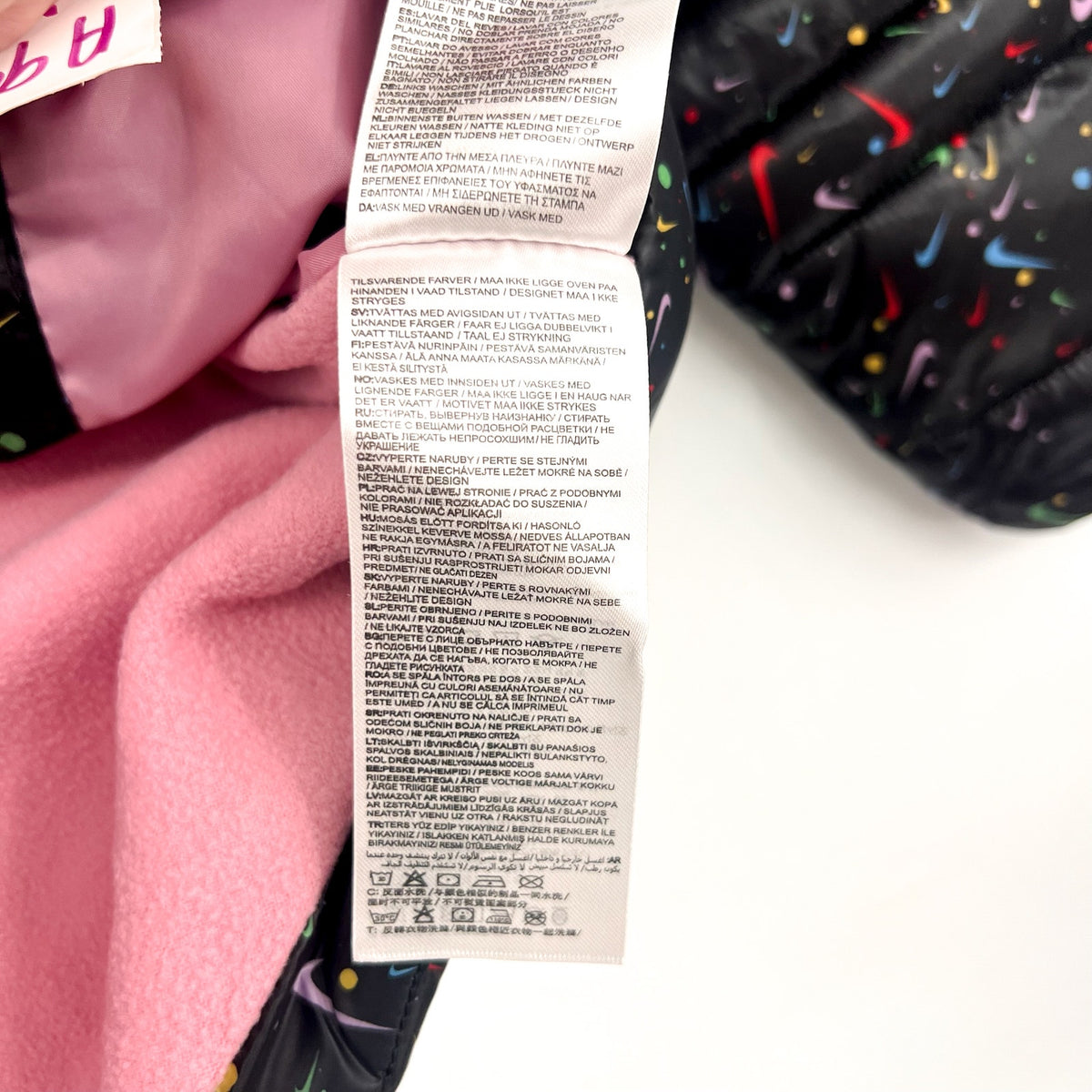 NIKE Girl's Just Do It Printed Puffer Jacket Size 6X Black Confetti NWOT