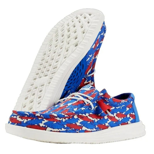 Hey Dude Mens Wally Slip-On Casual Shoe US 9 EU 42 Fish Camo Red Blue NIB