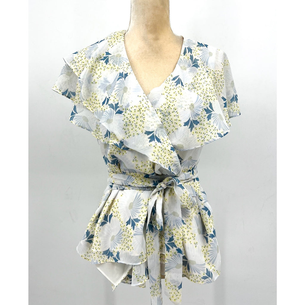 TED BAKER Women's Gemmiaa Wrap Top TED 3 US Large Sky Blue Floral Ruffle NWT