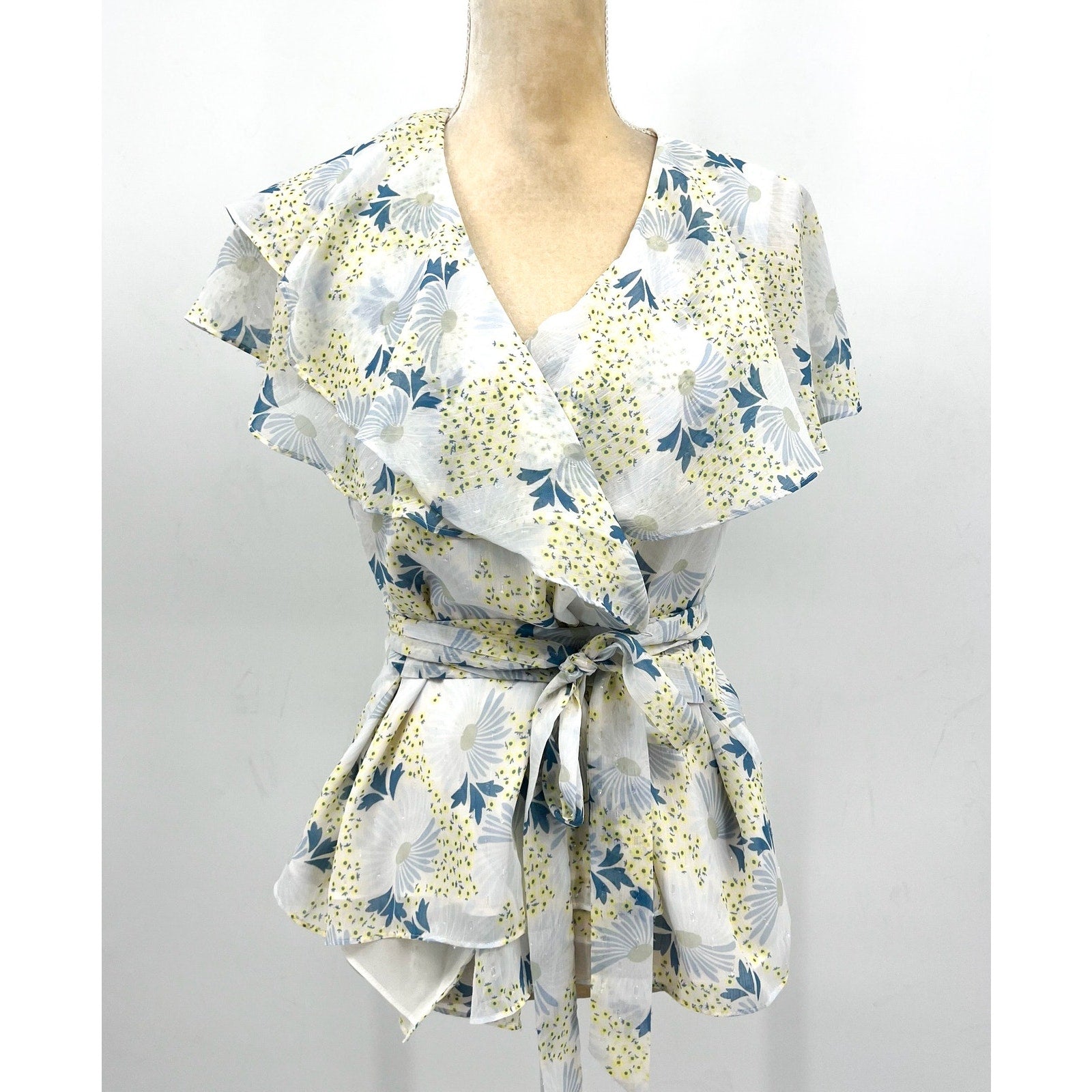 TED BAKER Women's Gemmiaa Wrap Top TED 3 US Large Sky Blue Floral Ruffle NWT