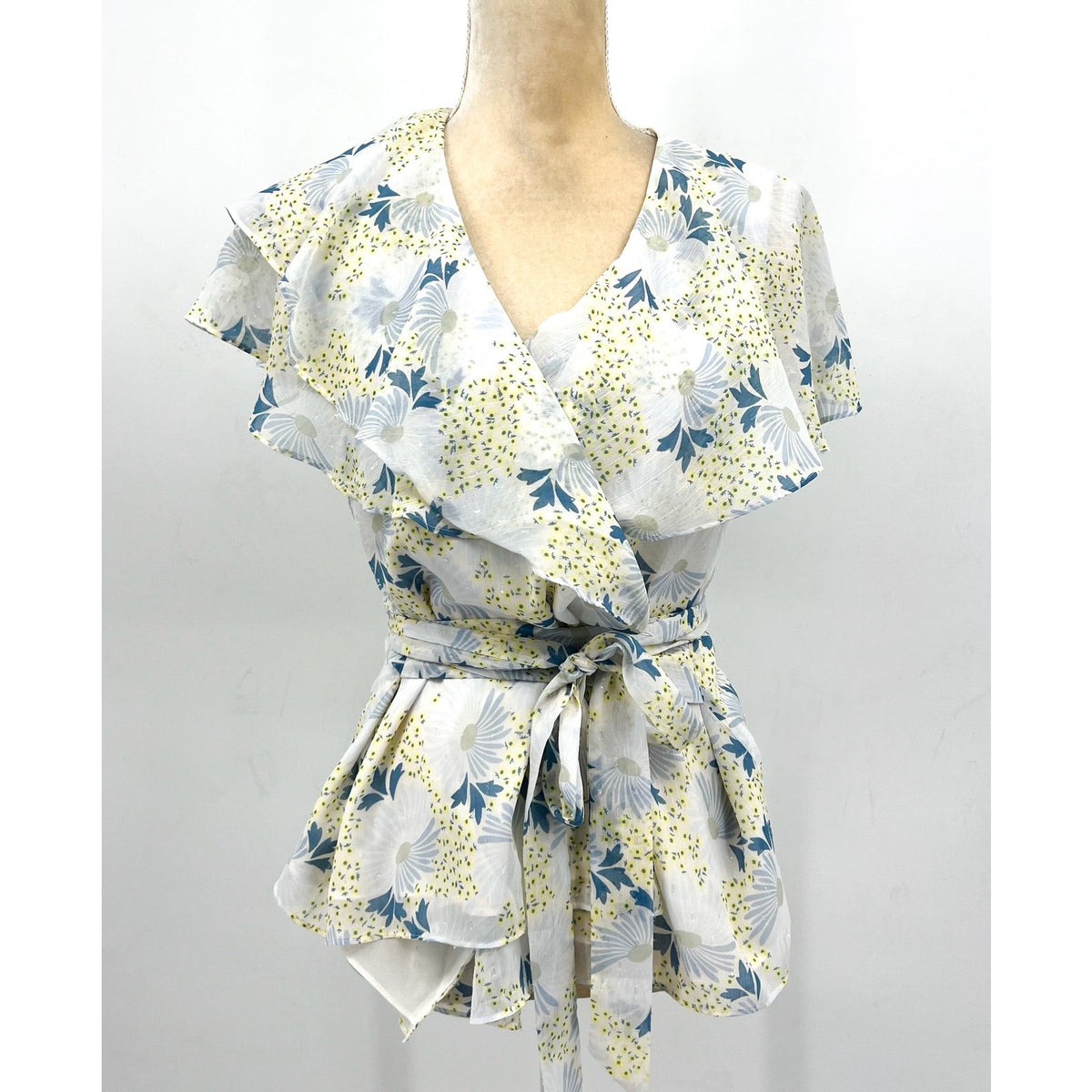 TED BAKER Women's Gemmiaa Wrap Top TED 3 US Large Sky Blue Floral Ruffle NWT