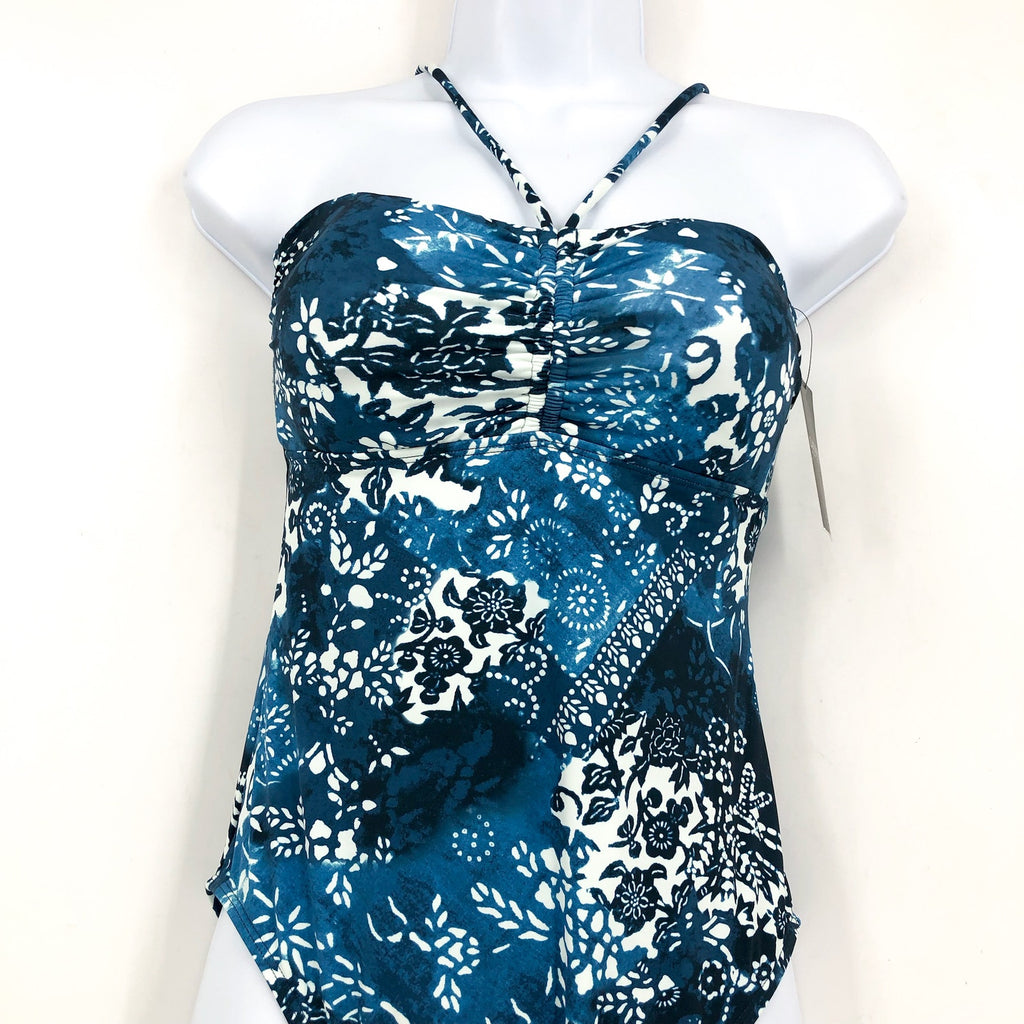 LAUREN RALPH LAUREN Halter Bandeau One Piece Swimsuit 10 Blue Patchwork NWT
