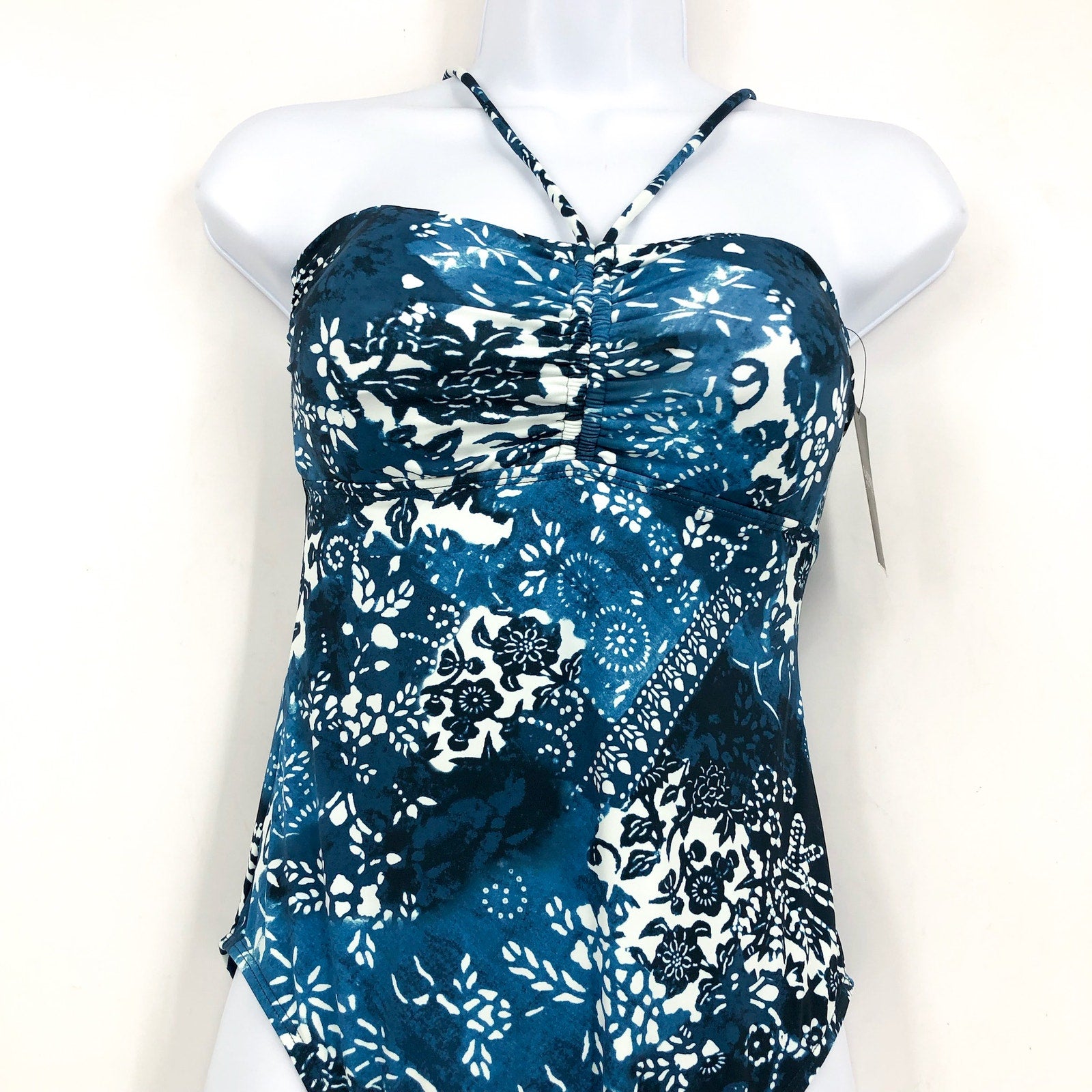 LAUREN RALPH LAUREN Halter Bandeau One Piece Swimsuit 10 Blue Patchwork NWT