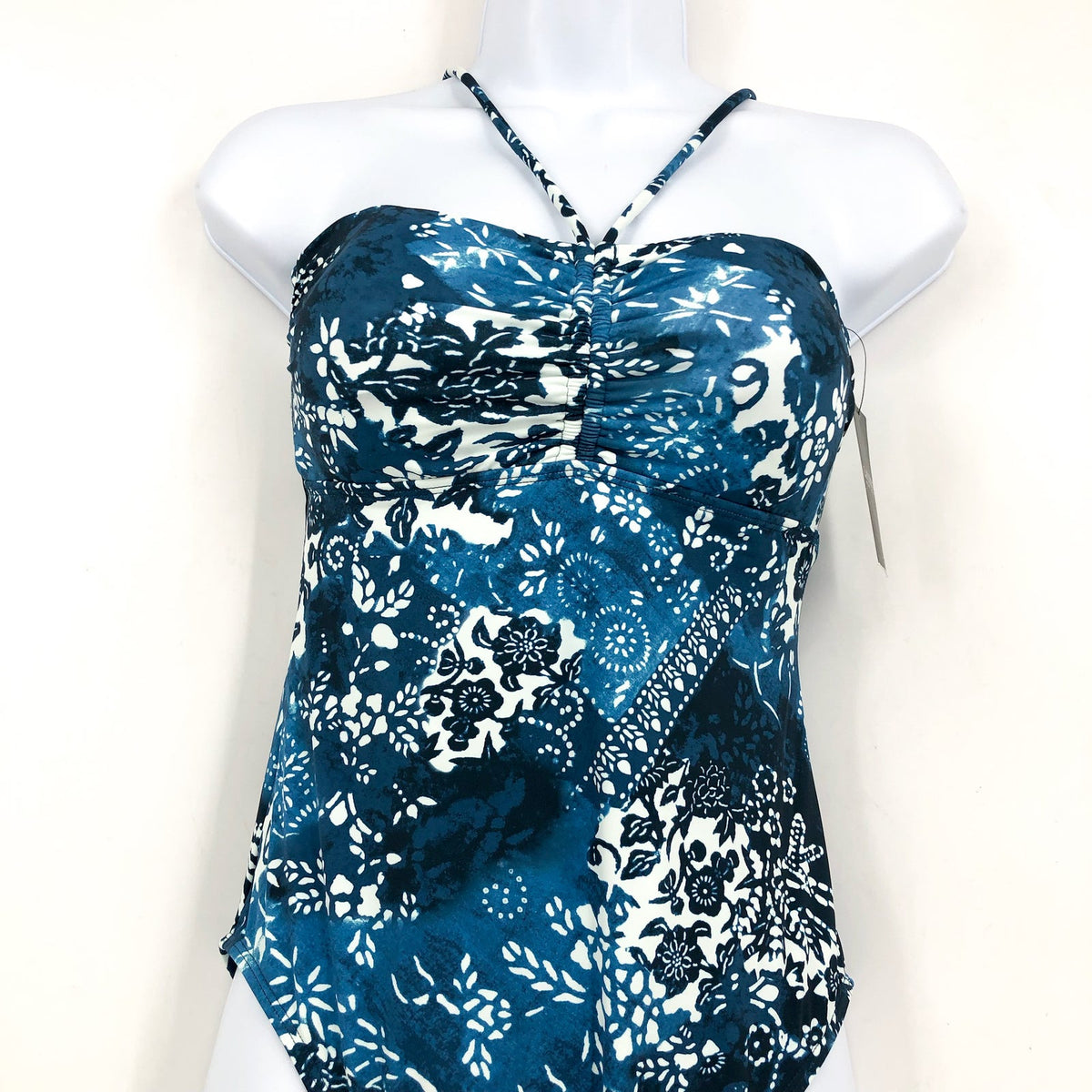 LAUREN RALPH LAUREN Halter Bandeau One Piece Swimsuit 10 Blue Patchwork NWT