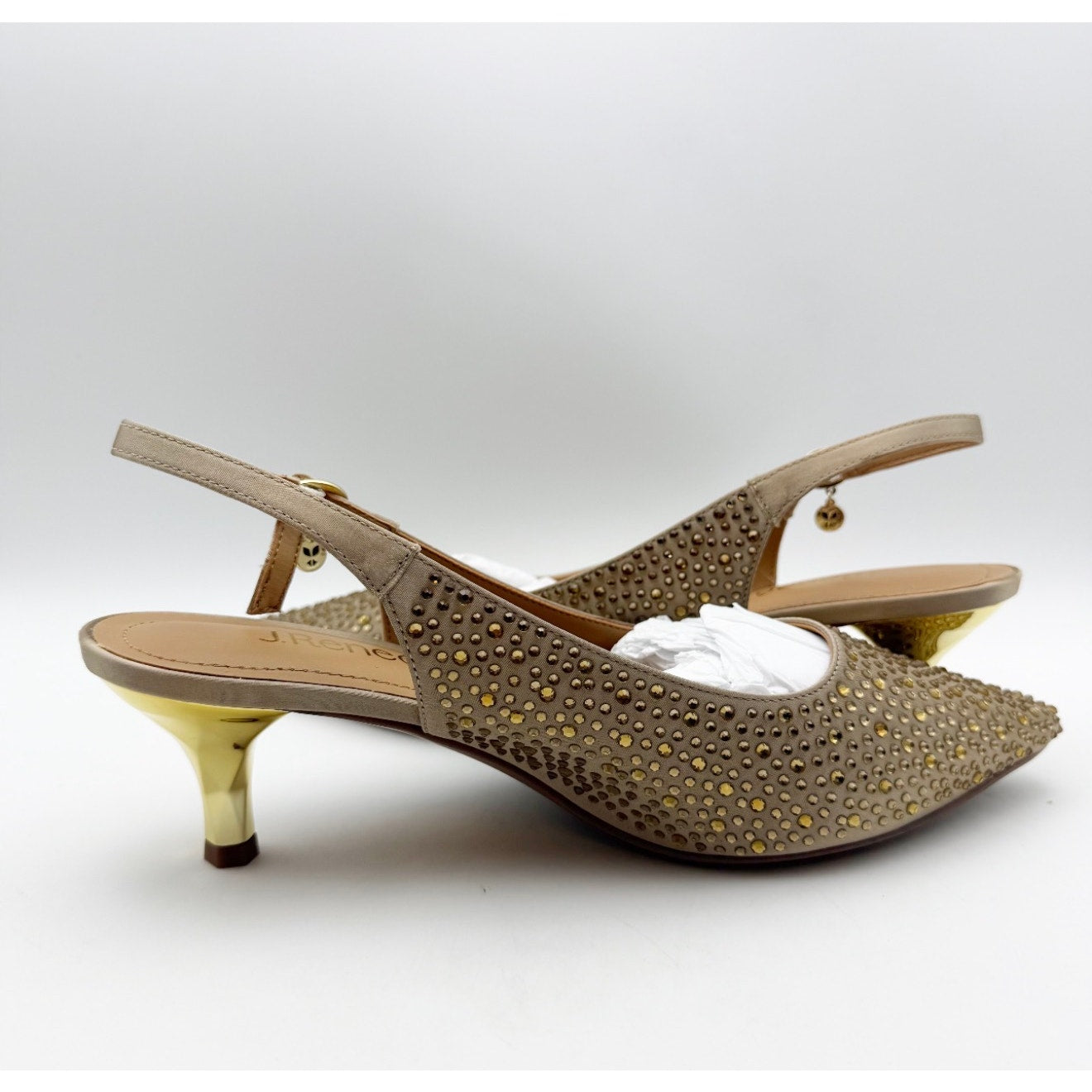 J. Renee Womens Ferryanne Kitten Heels Size 9 Wide Beige Satin Rhinestone NIB