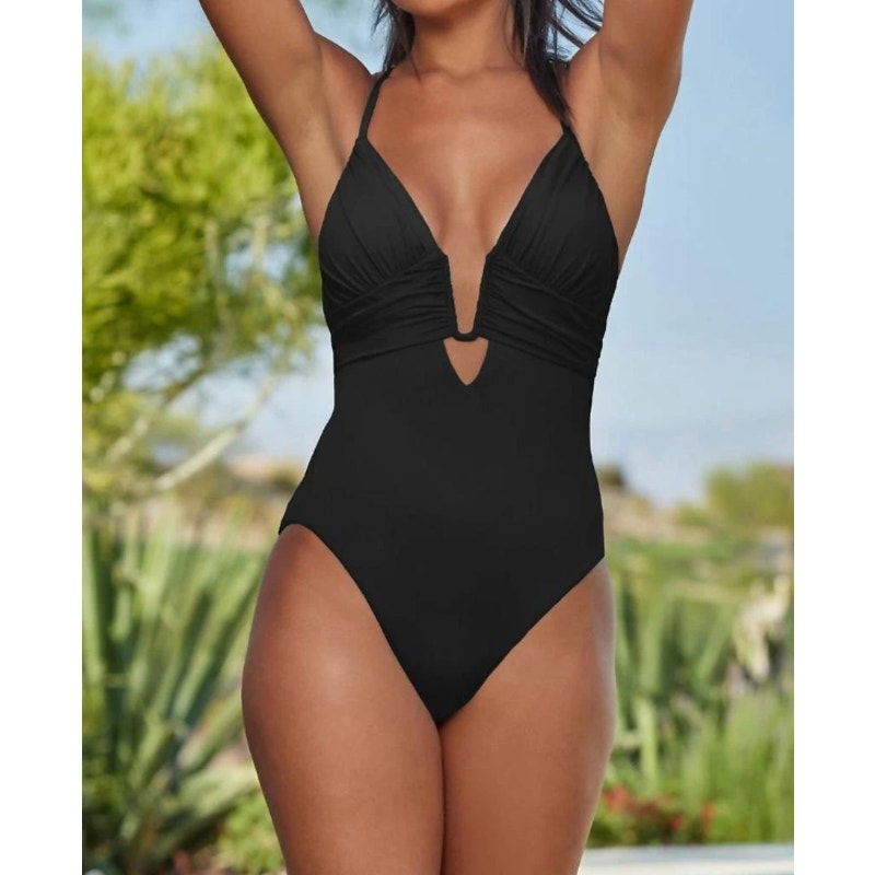 BECCA Women’s Color Code Plunge One Piece Swimsuit Large Black U Ring NWT