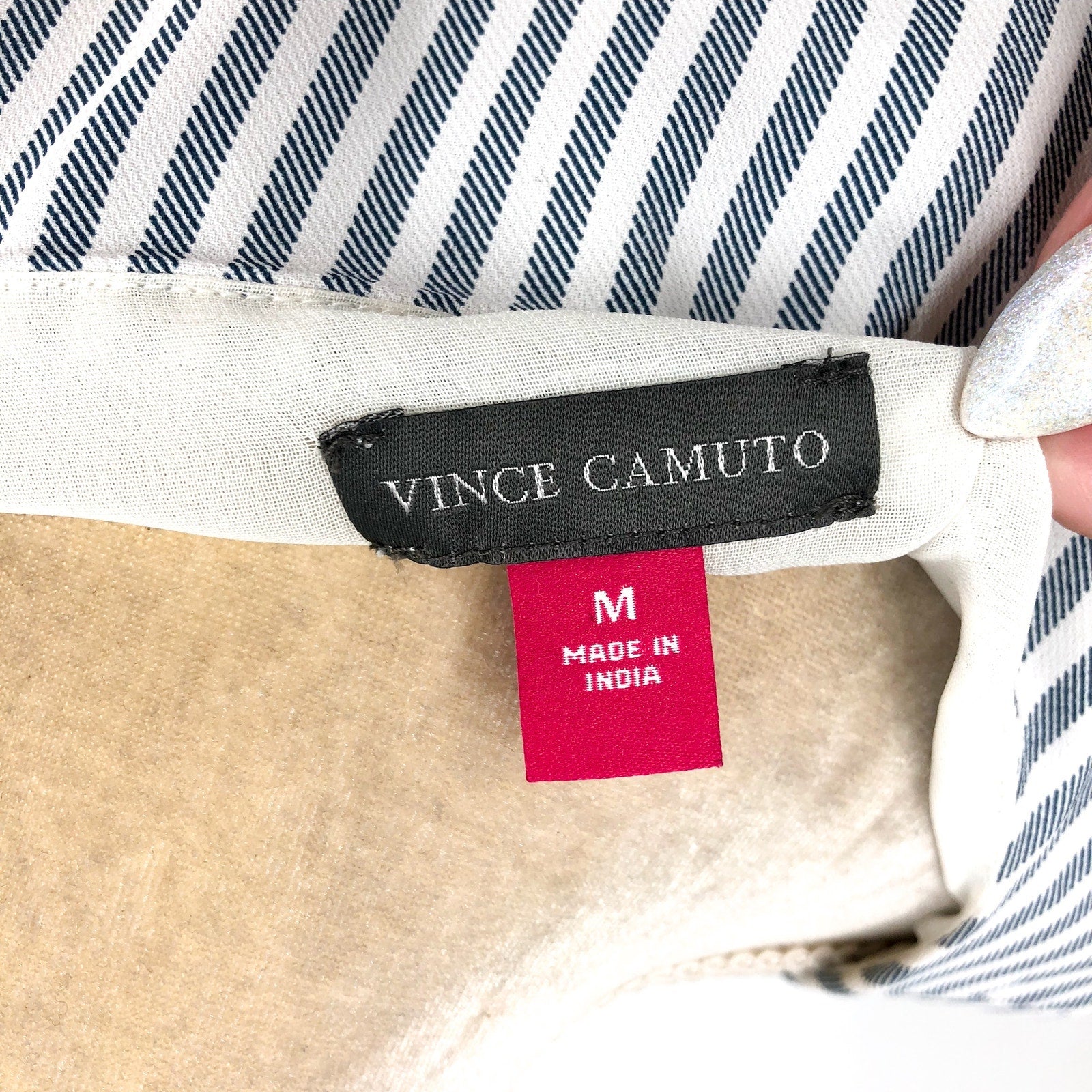 VINCE CAMUTO Women's V-Neck Dress Medium New Ivory Blue Oasis Stripe Belted NWT