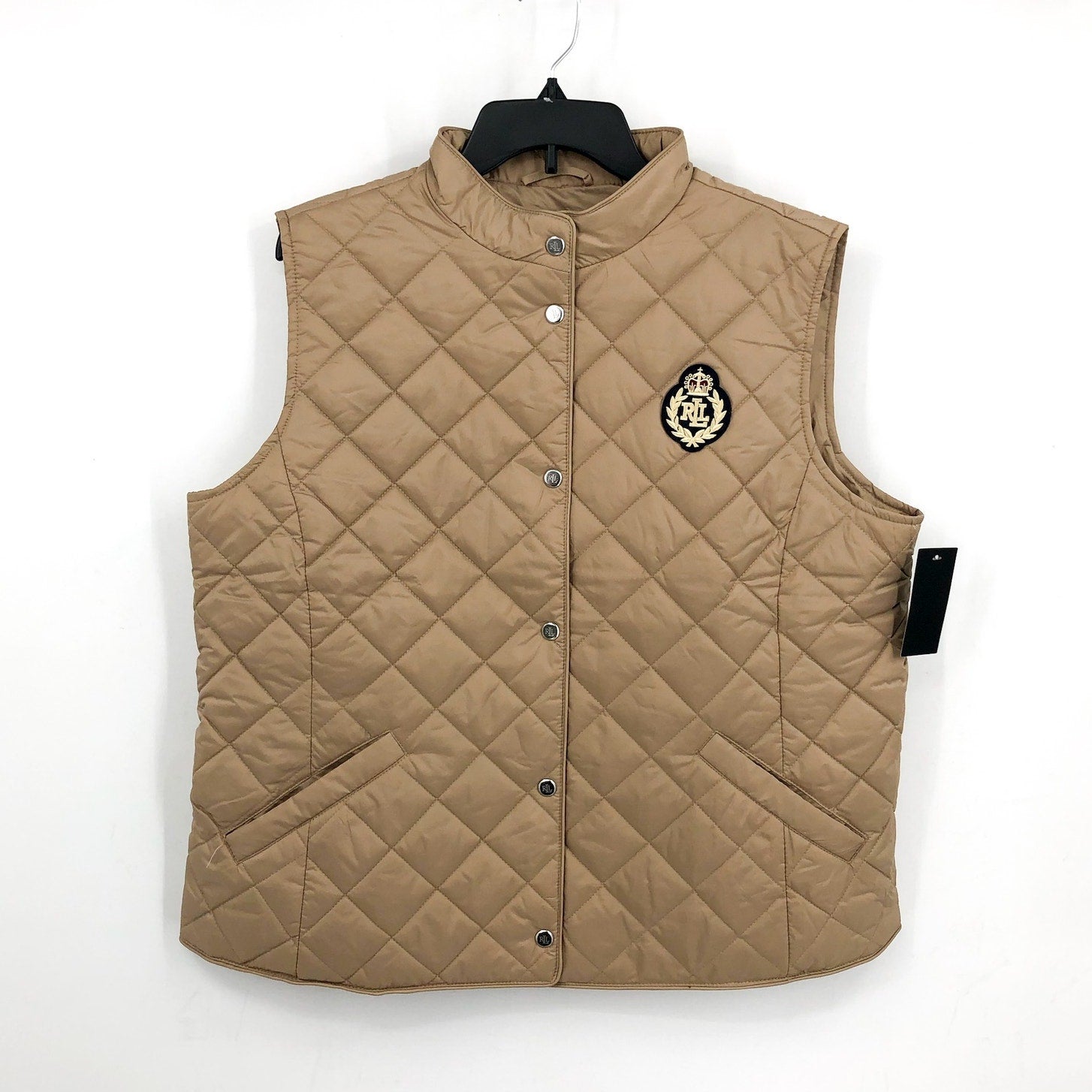 LAUREN RALPH LAUREN Womens Crest Patch Diamond Quilted Vest XL Birch Tan NWT