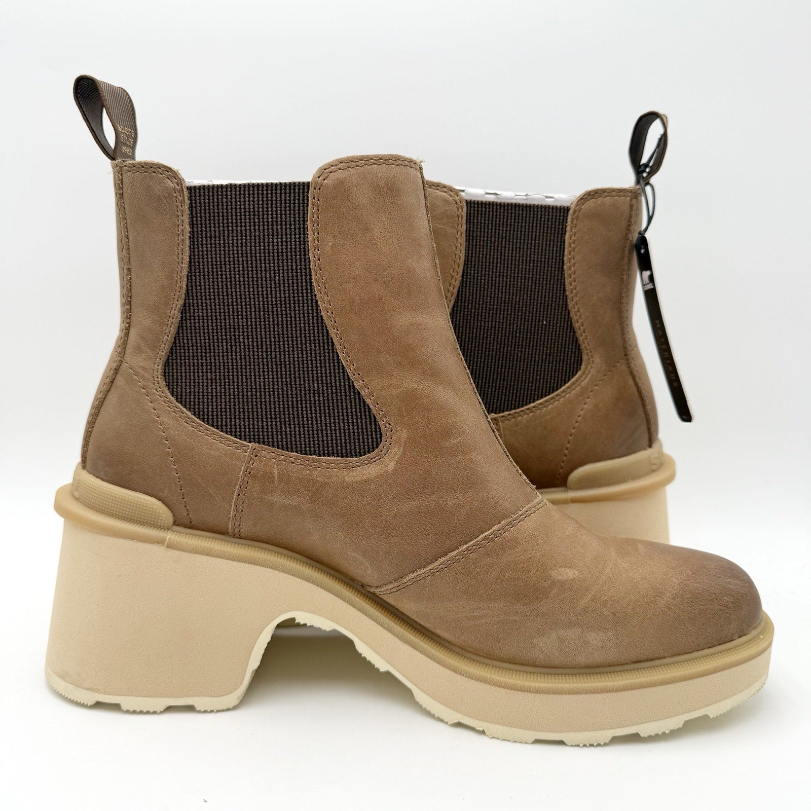 Sorel Womens Hi-Line Heel Chelsea Boots US 10.5 Taupe Tan Leather Waterproof NIB
