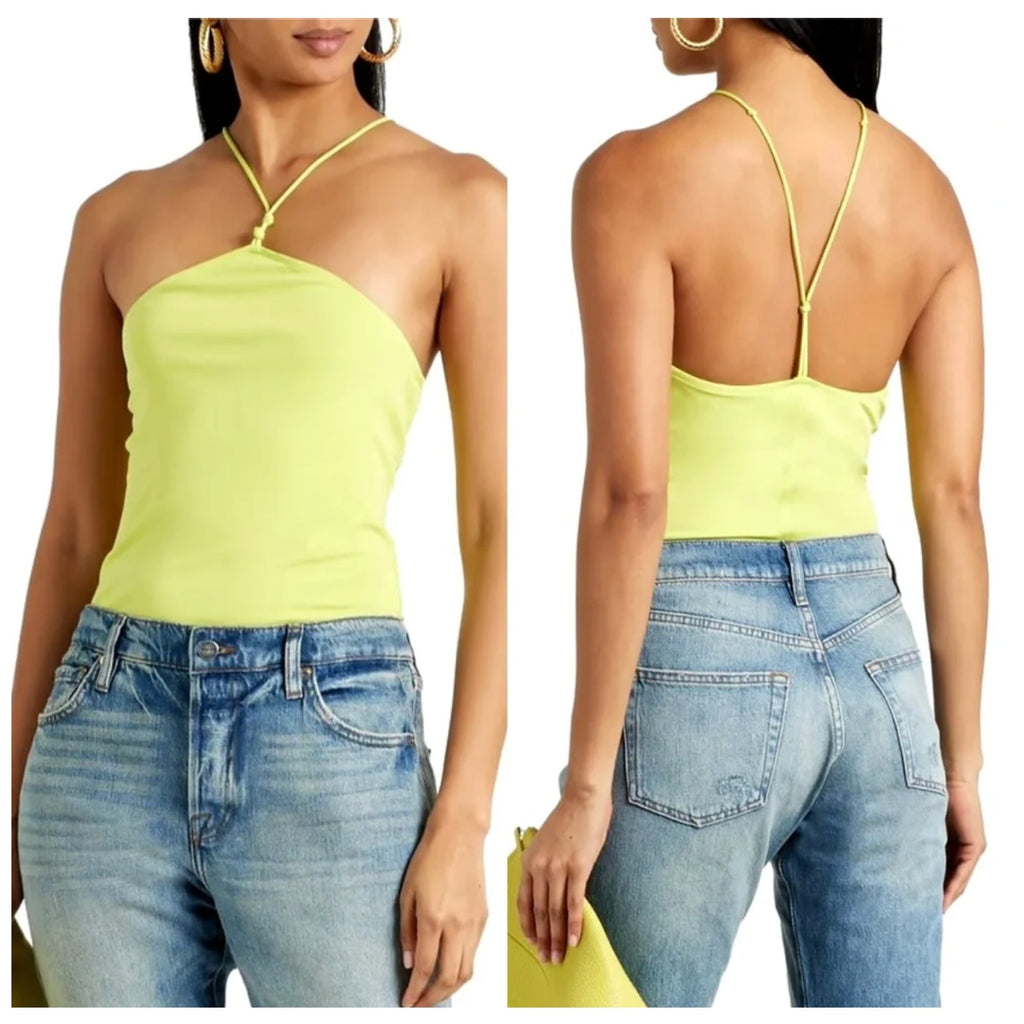  FRAME Women's Delicate Knot Tank Bodysuit Large Flash Lime Green NWOT