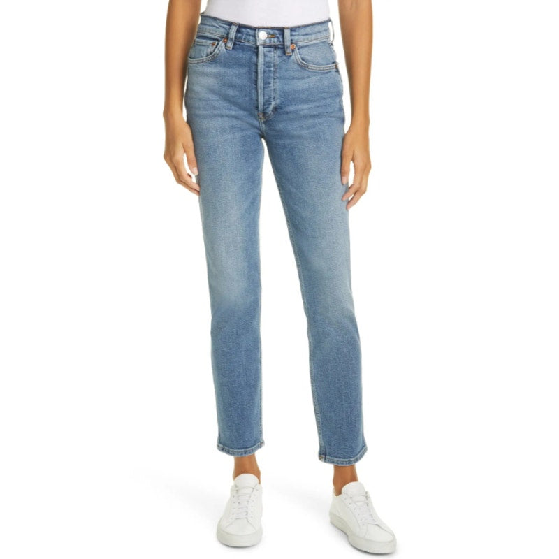 RE/DONE Women's Mid 80s Slim Straight Leg Jeans 26x27 US 2 Blue High Waist NWT