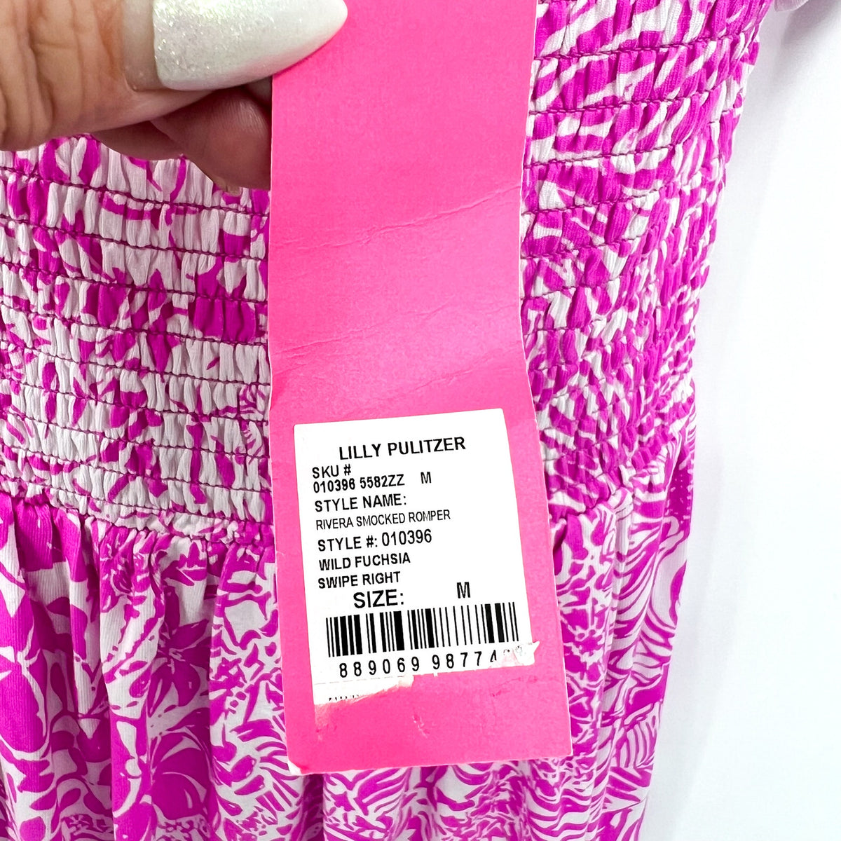 LILLY PULITZER Womens Rivera Smocked Romper Medium Purple White Swipe Right NWT