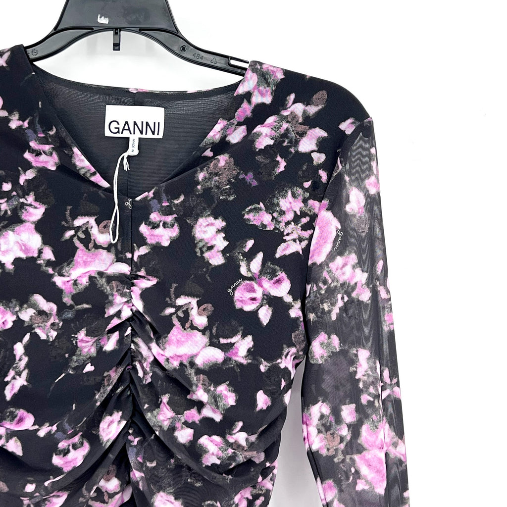 GANNI Women's Floral Mesh Crop Top Size 34 US 2 Black Pink Long Sleeve NWOT