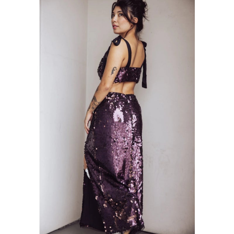 FREE PEOPLE Star Bright Sequin Set Size 10 Purple Maxi Skirt Crop Top NWT
