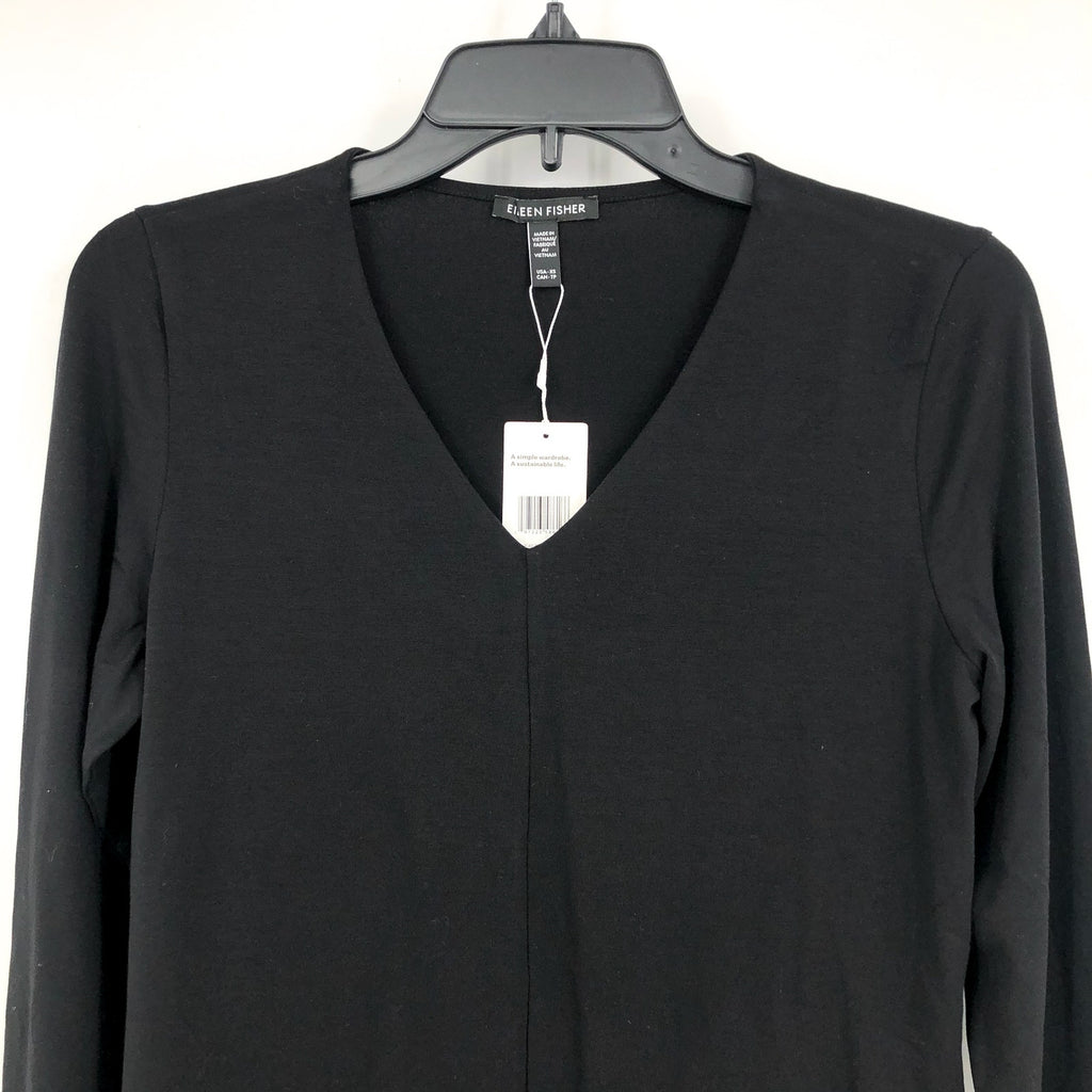 EILEEN FISHER Women's Fine Jersey Long Sleeve V-Neck Top XS Black Slim Fit NWT
