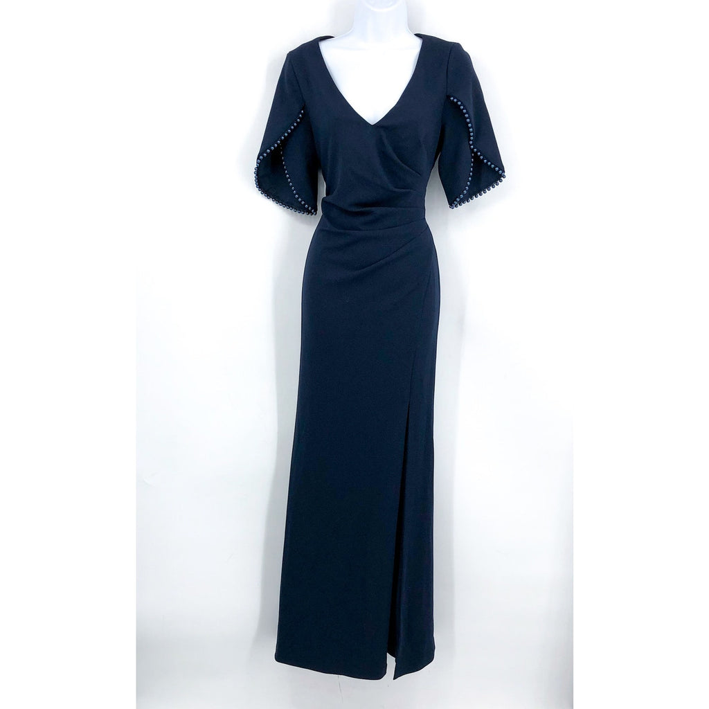 ADRIANA PAPELL Tulip Sleeve Column Gown Size 6 Navy Blue Midnight Pearl NWOT