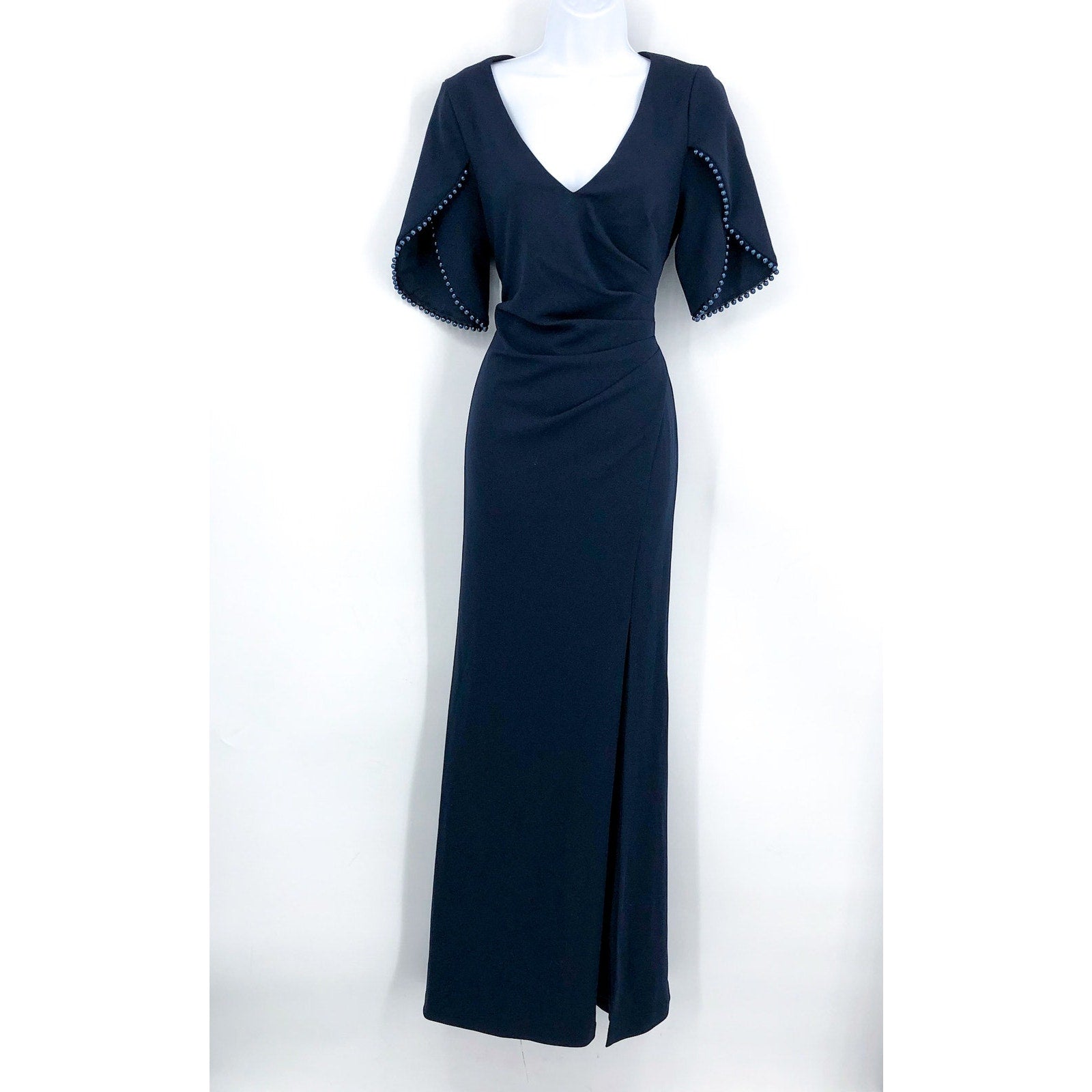 ADRIANA PAPELL Tulip Sleeve Column Gown Size 6 Navy Blue Midnight Pearl NWOT