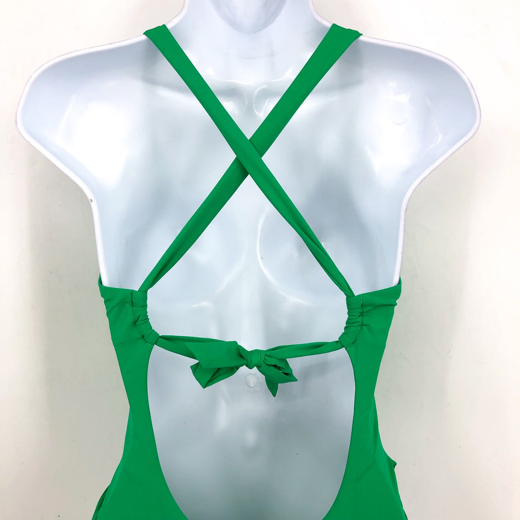 BECCA Baja Mar One Piece Swimsuit Large Green Verde Bow Side Open Back NWT