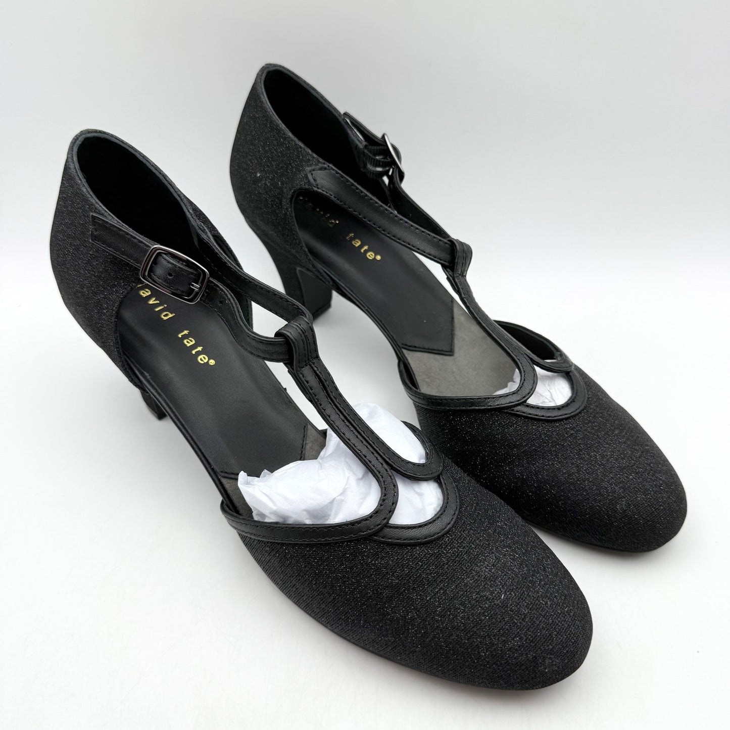 David Tate Womens Fantastic Heels 10 NARROW Black Glitter Fabric T-Strap NIB
