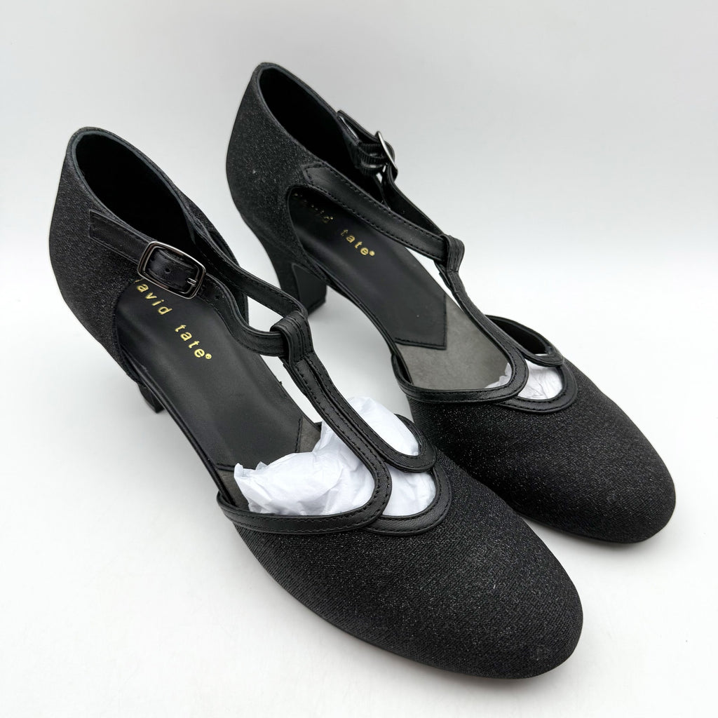 David Tate Womens Fantastic Heels 10 NARROW Black Glitter Fabric T-Strap NIB
