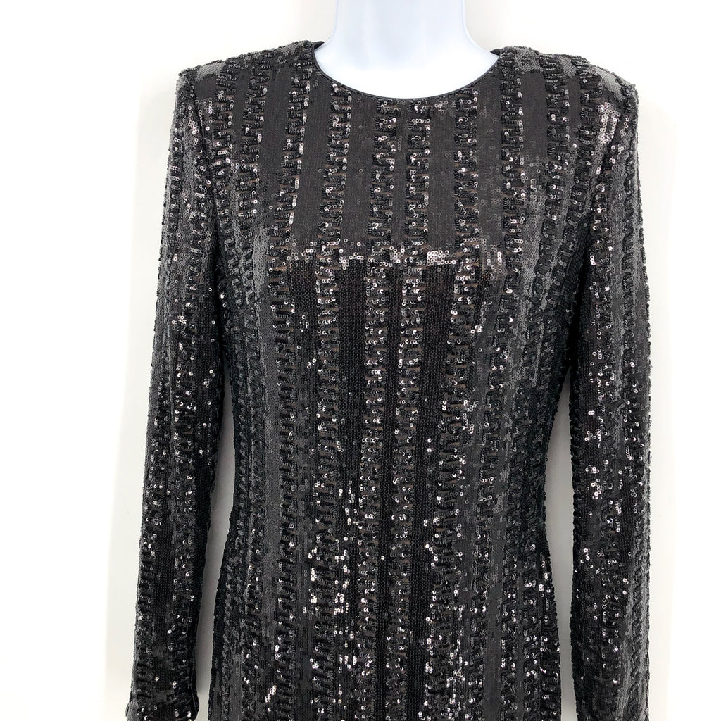 Dress The Population Long Sleeve Sequin Midi Dress Small Black Front Slit NWOT