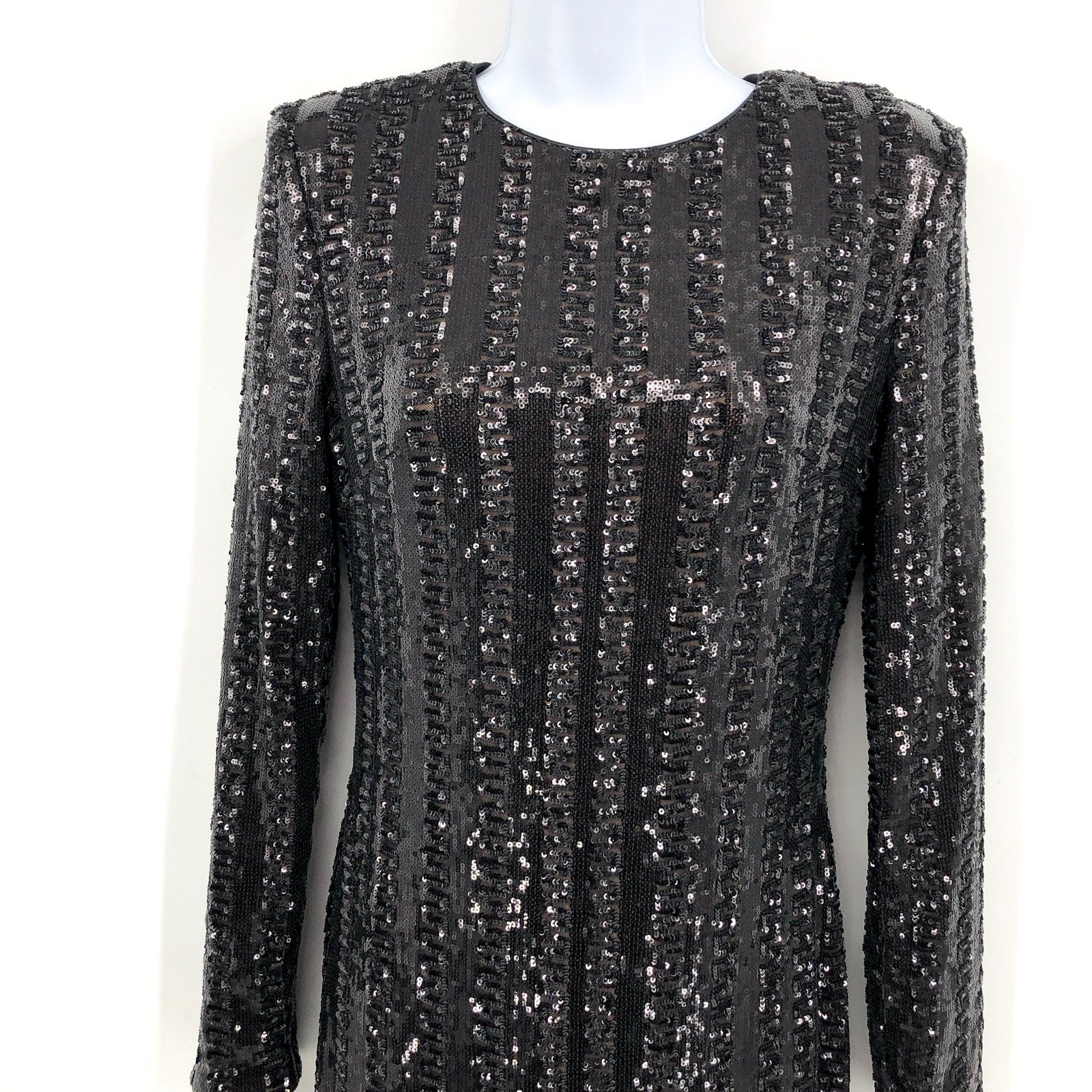 Dress The Population Long Sleeve Sequin Midi Dress Small Black Front Slit NWOT