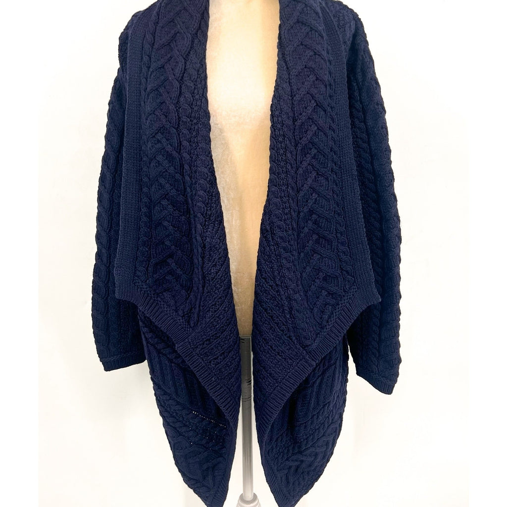 ARAN CRAFTS Women's Waterfall Shawl Cardigan XL Navy Blue Merino Wool NWOT