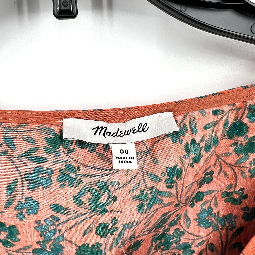 MADEWELL Womens Amari Twist Top Size 00 Orange Floral Short Sleeve NP029 NWT