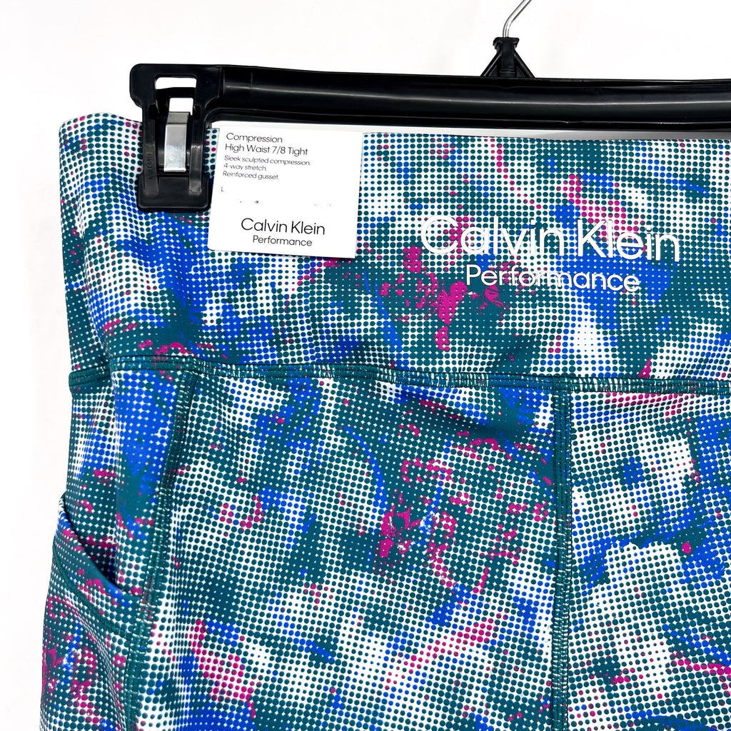 CALVIN KLEIN PERFORMANCE 7/8 Leggings Large Blue Pink Geometric Print NWT