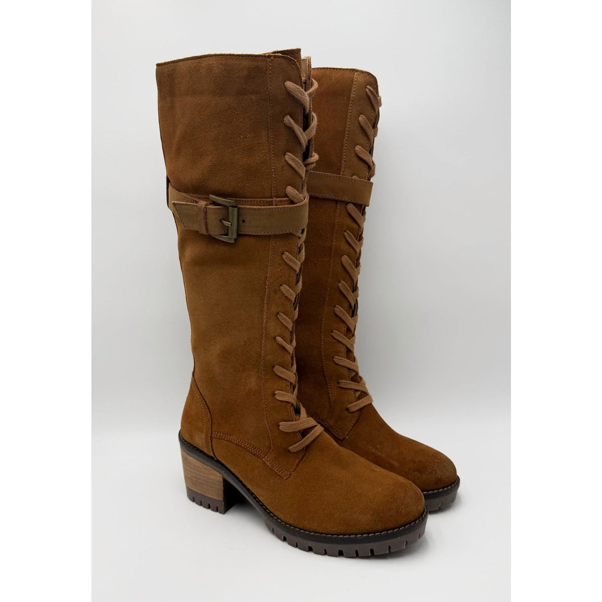Vintage Foundry Womens Naomi Lace Up Knee High Boots Size 7 EU 37 Tan Suede NWOB