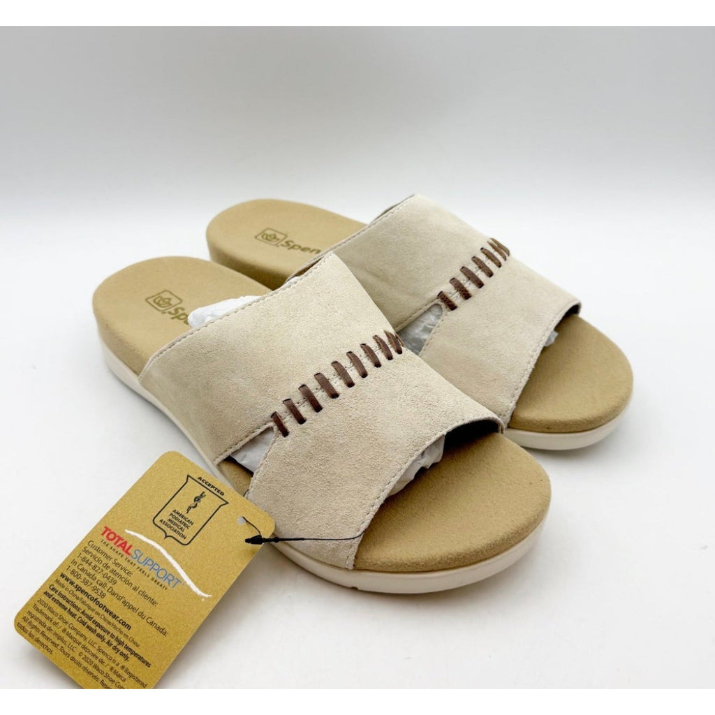 Spenco Womens Twilight Woven Slide Sandals 8.5 Wide Cream Almond Buff Tan NIB