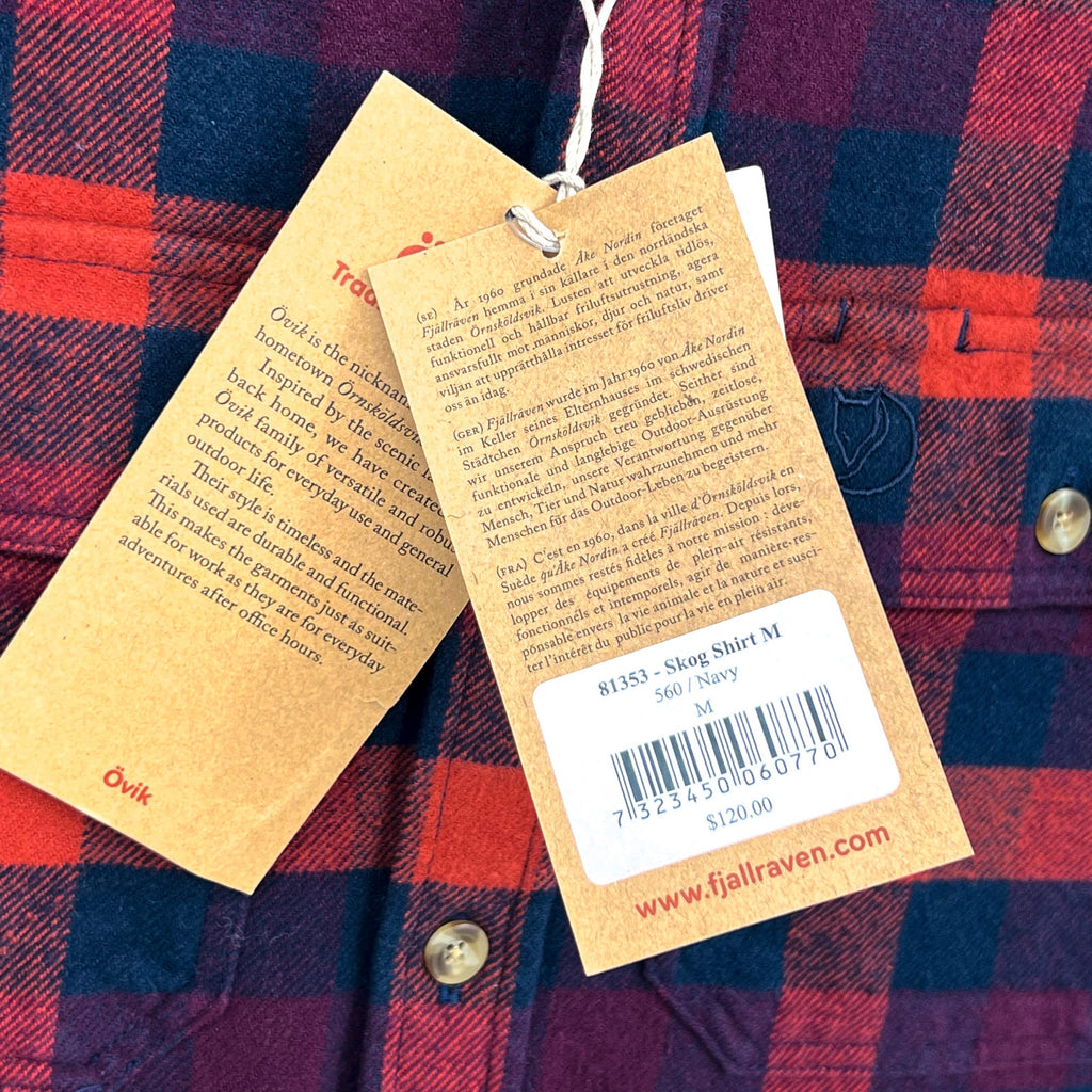 FJALLRAVEN Men's Skog Flannel Shirt Medium Slim Fit Navy Blue Red Plaid NWT