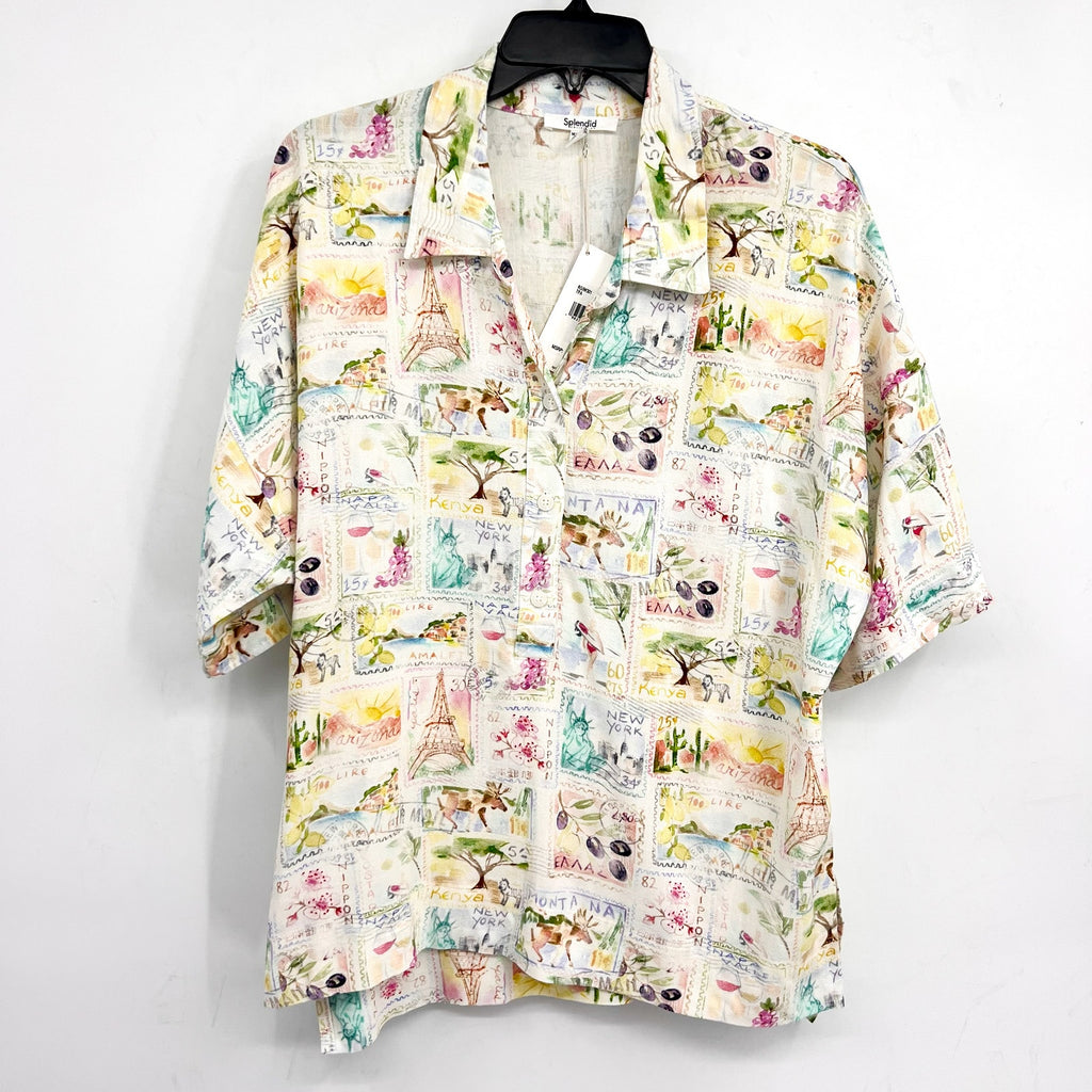 SPLENDID Women's Coastal Postcard Top Medium White Print Linen Blend Blouse NWT