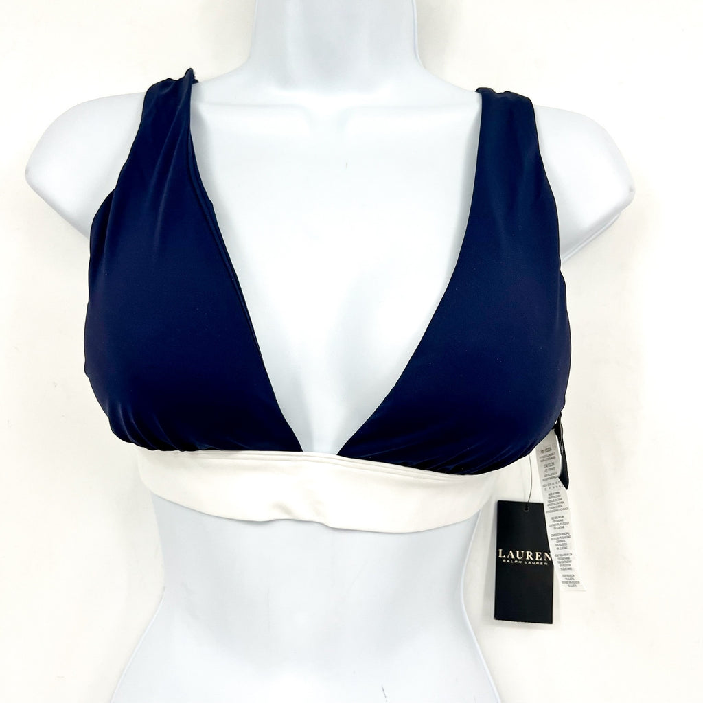 LAUREN RALPH LAUREN Women's Banded V Neck Bikini Top Size 12 Blue Bel Air NWT