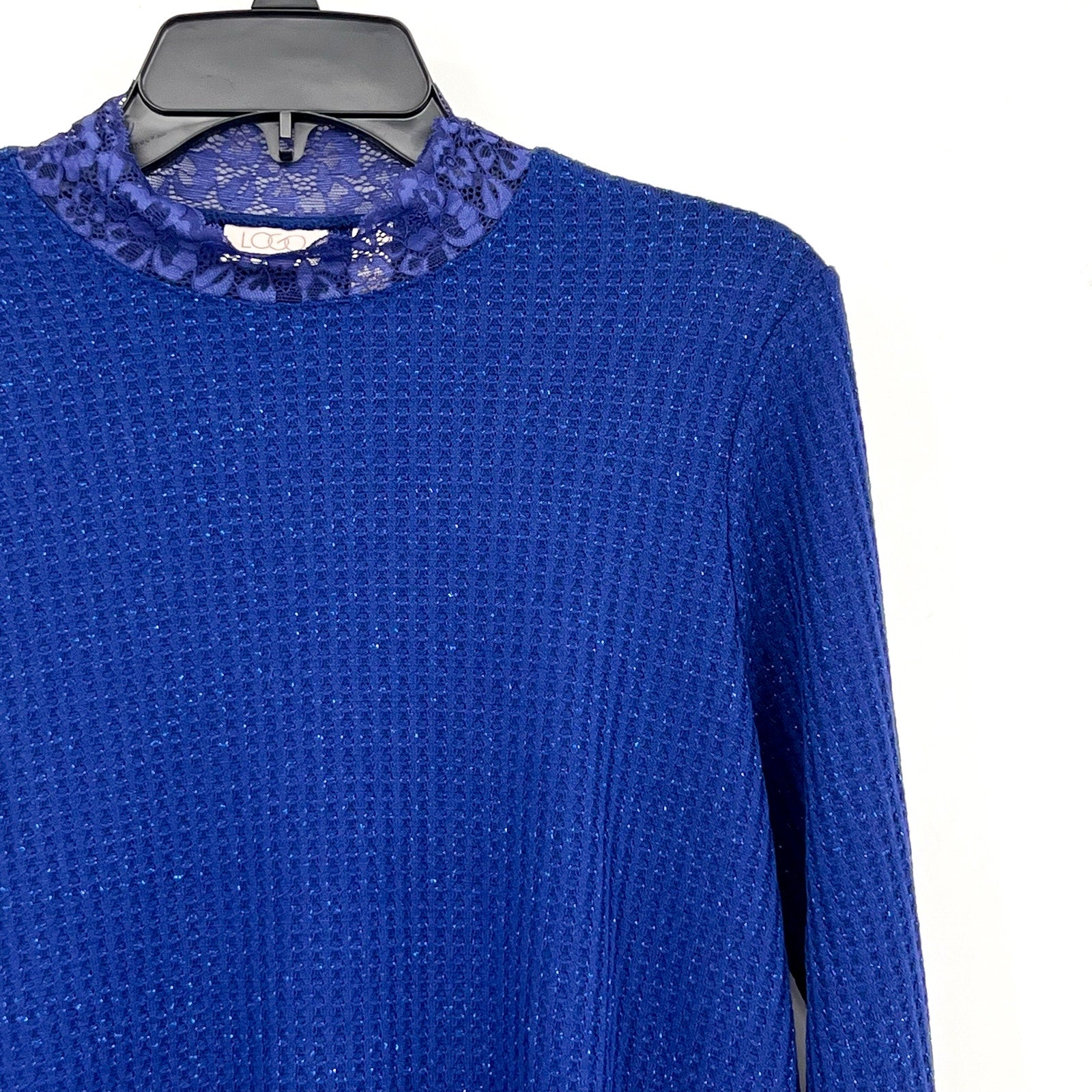 LOGO LORI GOLDSTEIN Metallic Waffle Knit Top Small Blue Sodalite Mock Neck NWOT