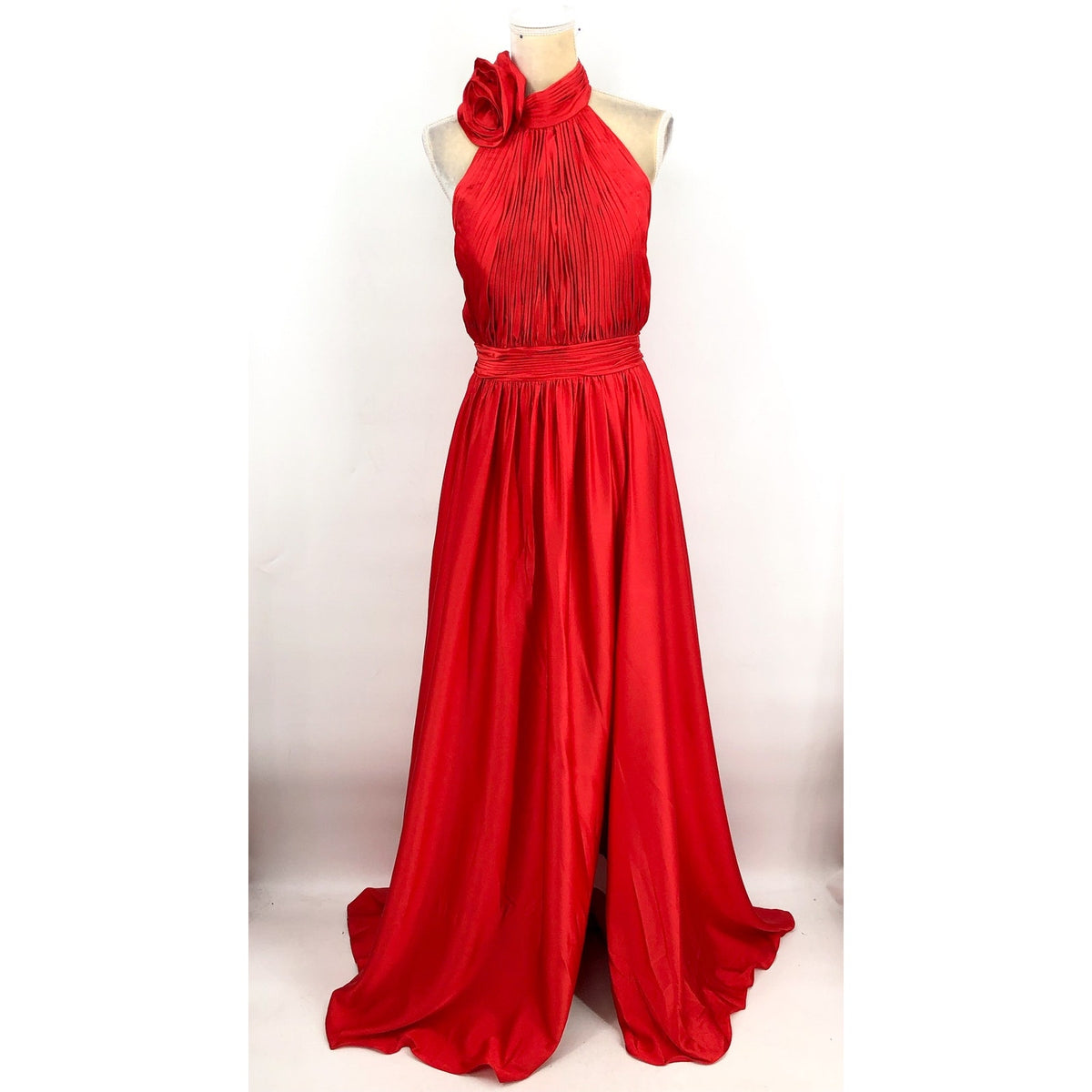 MAC DUGGAL Women's Halter Neck Satin Gown Size 10 Red High Slit Open Back NWT