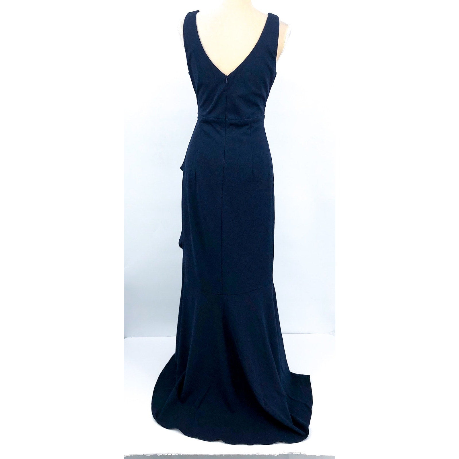 BETSY & ADAM Candace Long Cascade Dress 10 Navy Blue V- Neck Hi Low Crepe NWOT