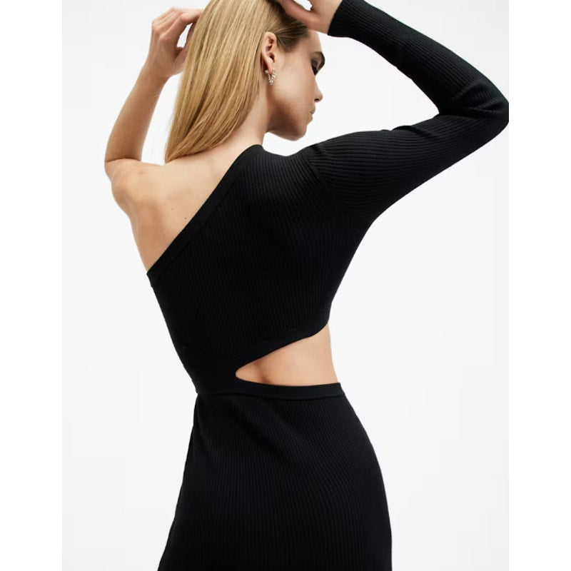 ALLSAINTS Daisy Cut Out Maxi Dress Small Black Asymmetric One Shoulder Knit NWT