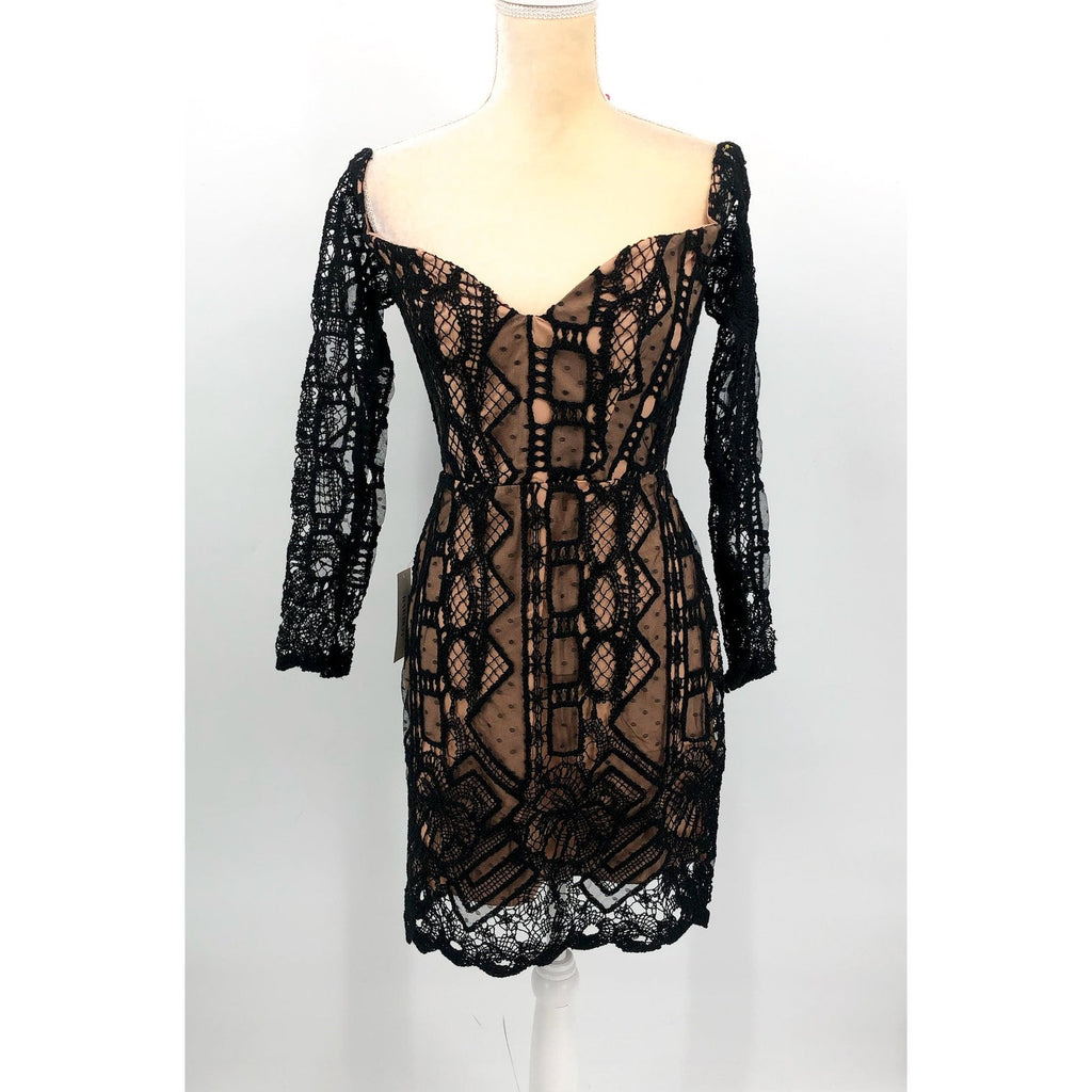 BARDOT Women's Zendaya Mini Lace Dress Medium Black/Nude Off Shoulder NWT