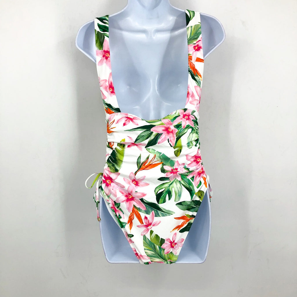LAUREN RALPH LAUREN Plunge One Piece Swimsuit Size 12 White Tropical Floral NWT
