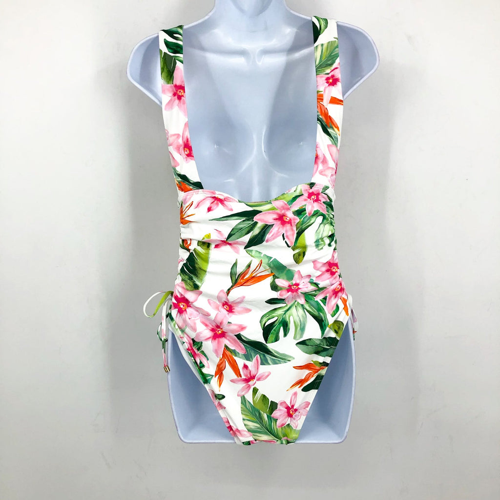 LAUREN RALPH LAUREN Plunge One Piece Swimsuit Size 12 White Tropical Floral NWT