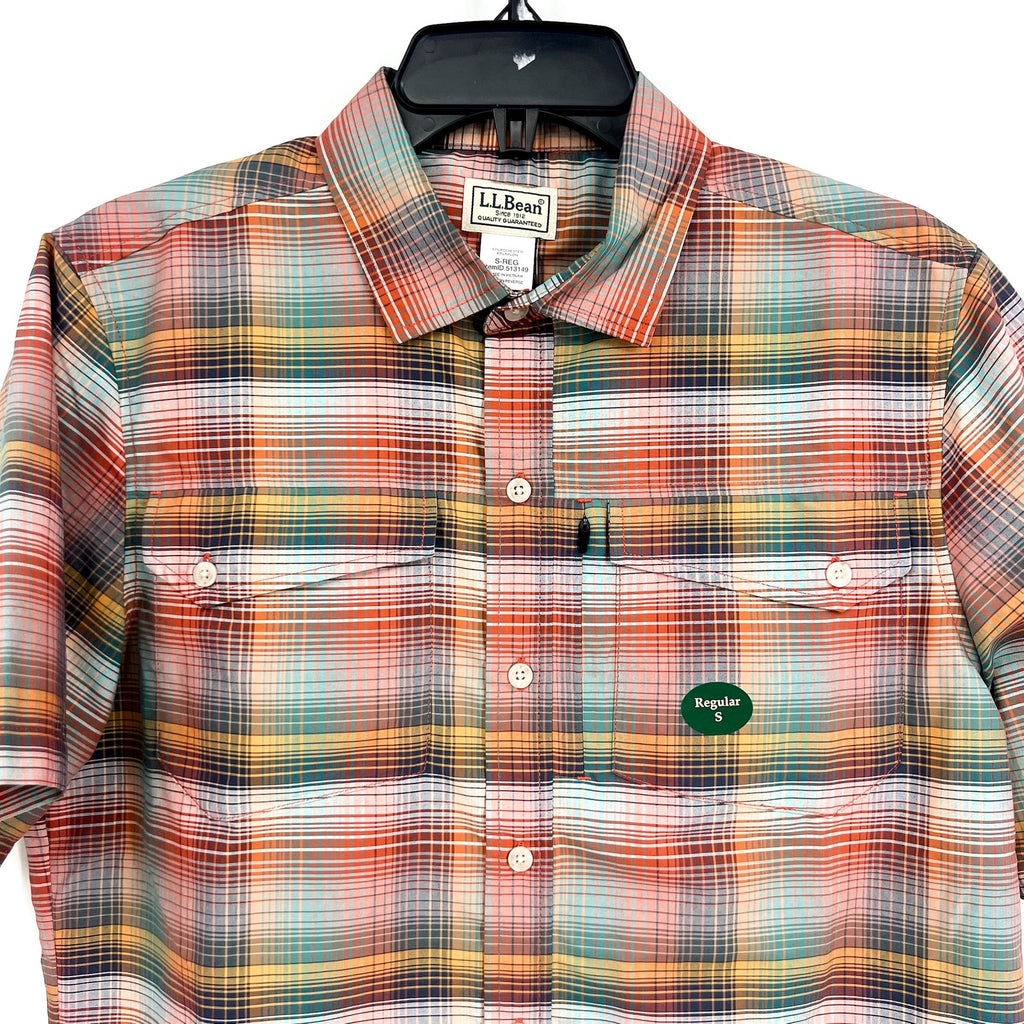 L.L. BEAN Mens Short-Sleeve Casual Shirt Small Red Green SunSmart Cool Weave NWT