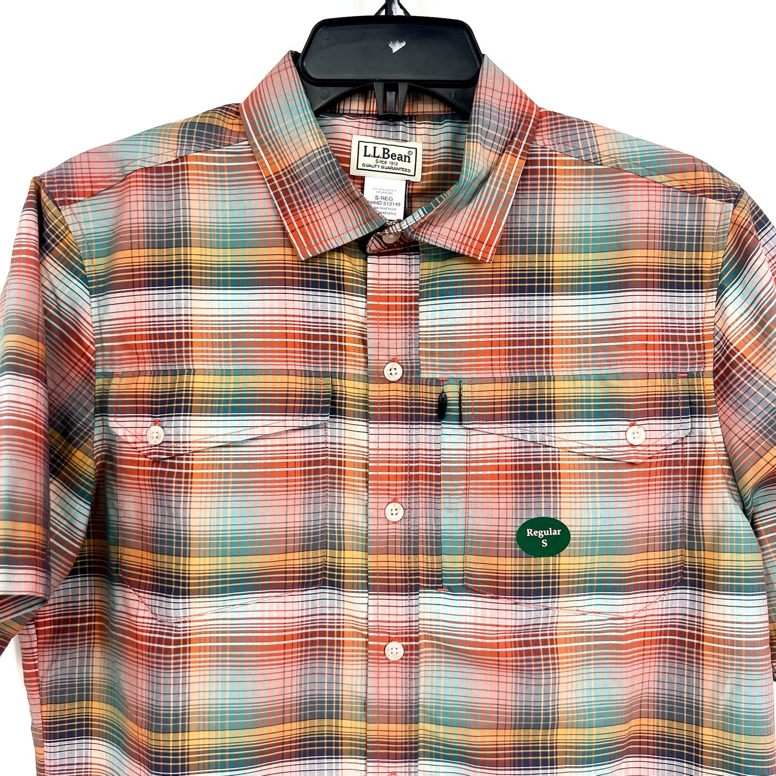 L.L. BEAN Mens Short-Sleeve Casual Shirt Small Red Green SunSmart Cool Weave NWT