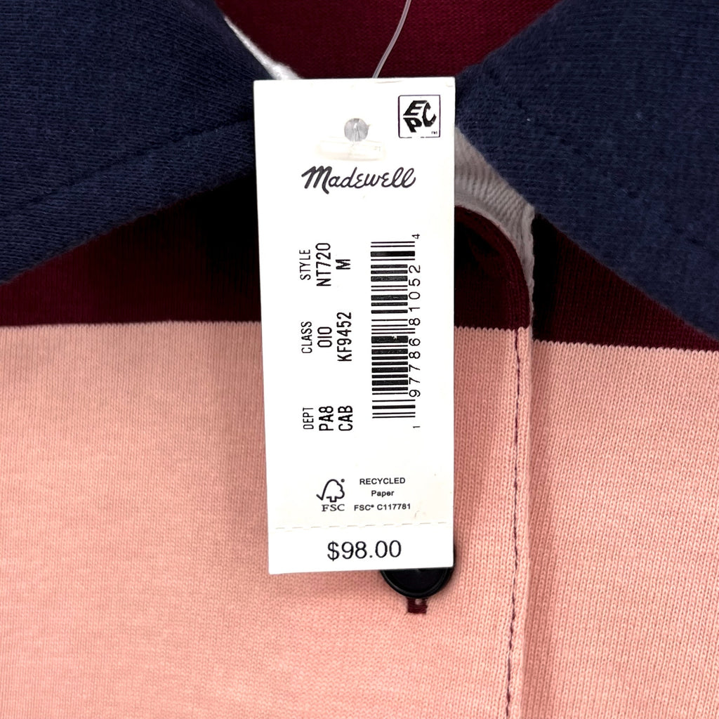 MADEWELL Women's Rugby Long-Sleeve Polo Shirt Medium Stripe Red Pink NT720 NWT