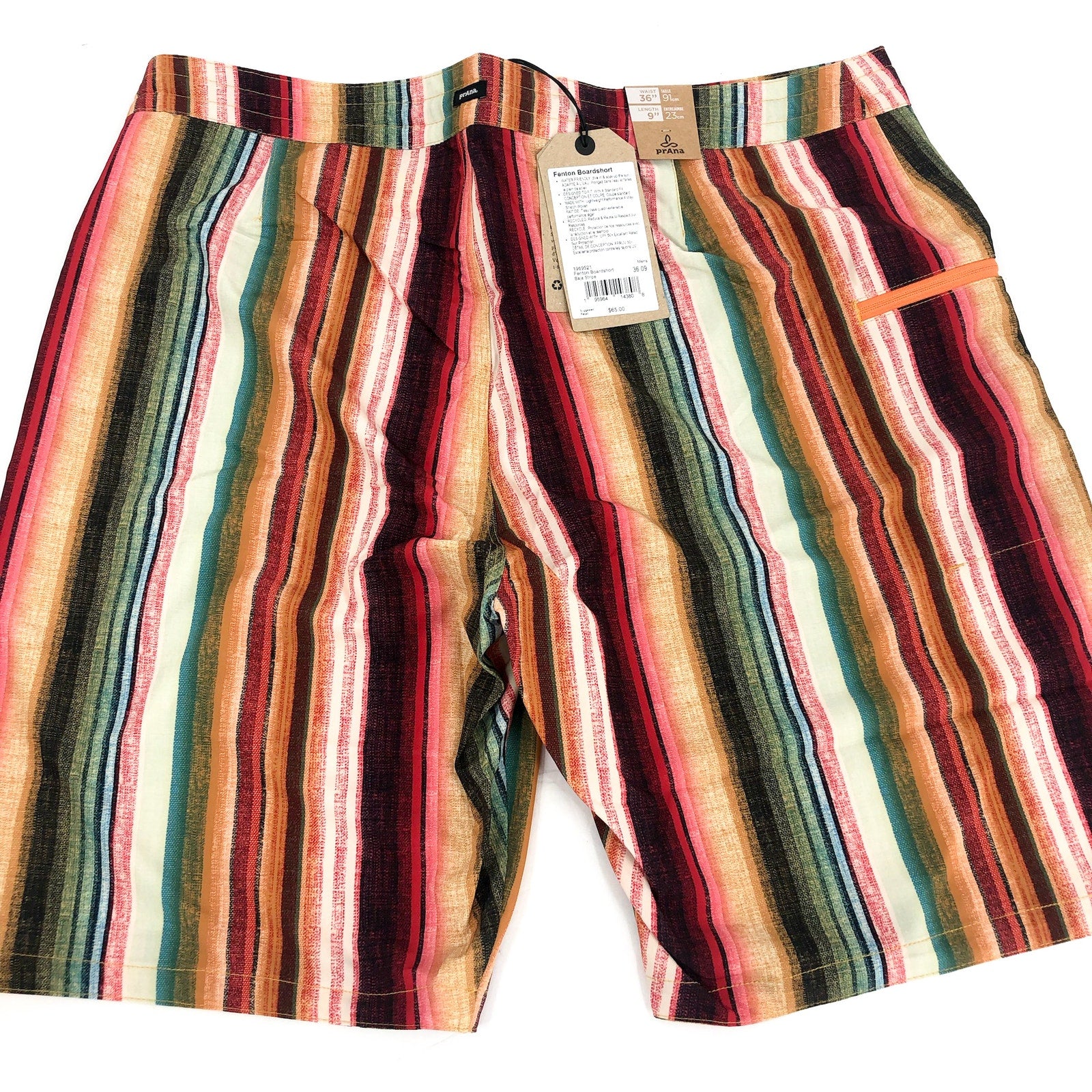 PRANA Mens Fenton Board Shorts Size 36 XL Multi Baja Stripe 9" Inseam UPF 50 NWT