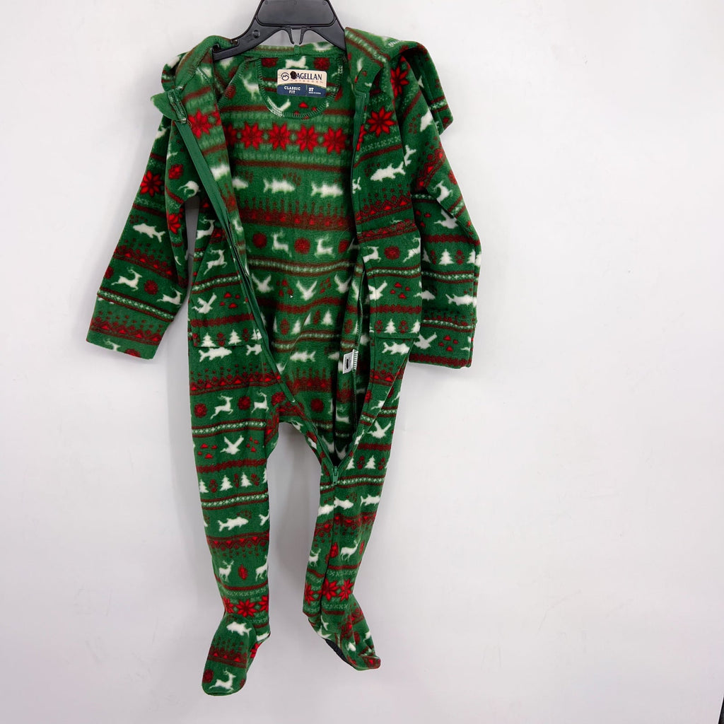 MAGELLAN Kids Holiday One Piece Pajama 5/6 Small Green Print Fleece Footed NWOT